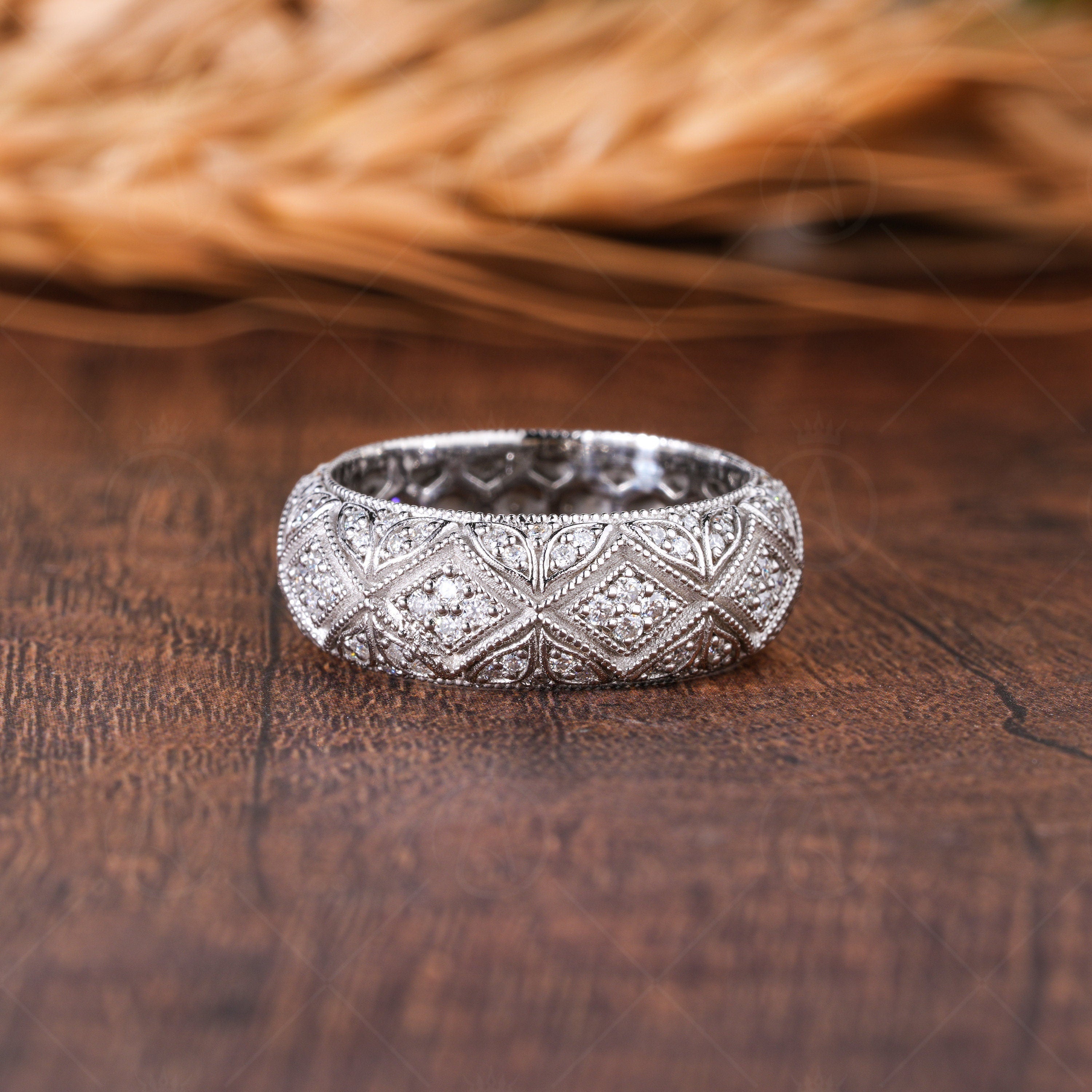 Antique Filigree Estate Wedding Bands For Women Moissanite Dome Statement Ring Art Deco Vintage Milgrain Anniversary Band Wide Eternity Band