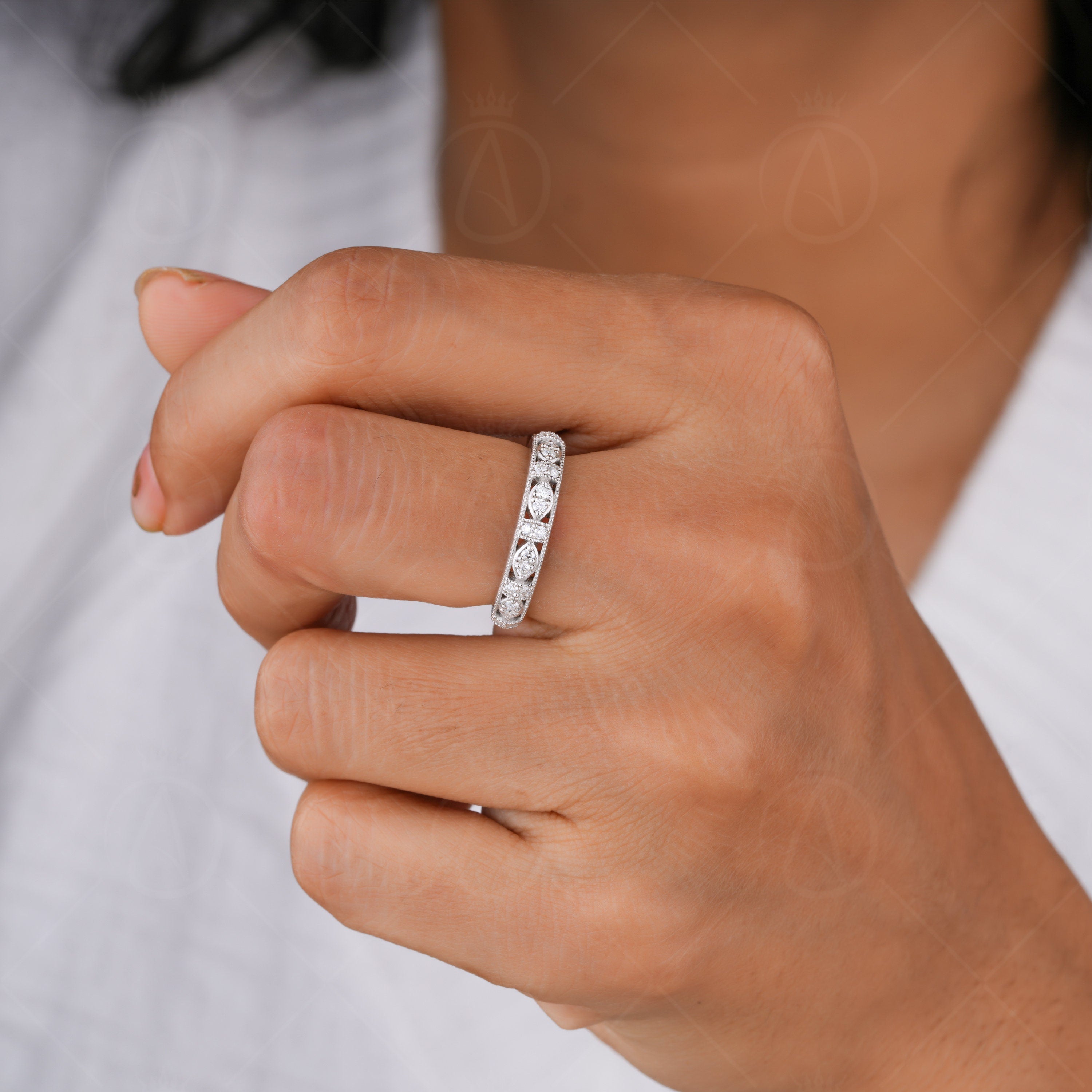 Art Deco Vintage Wedding Bands Women Milgrain Vintage Matching Band Unique White Gold Anniversary Band Moissanite Wide Band Promise Ring