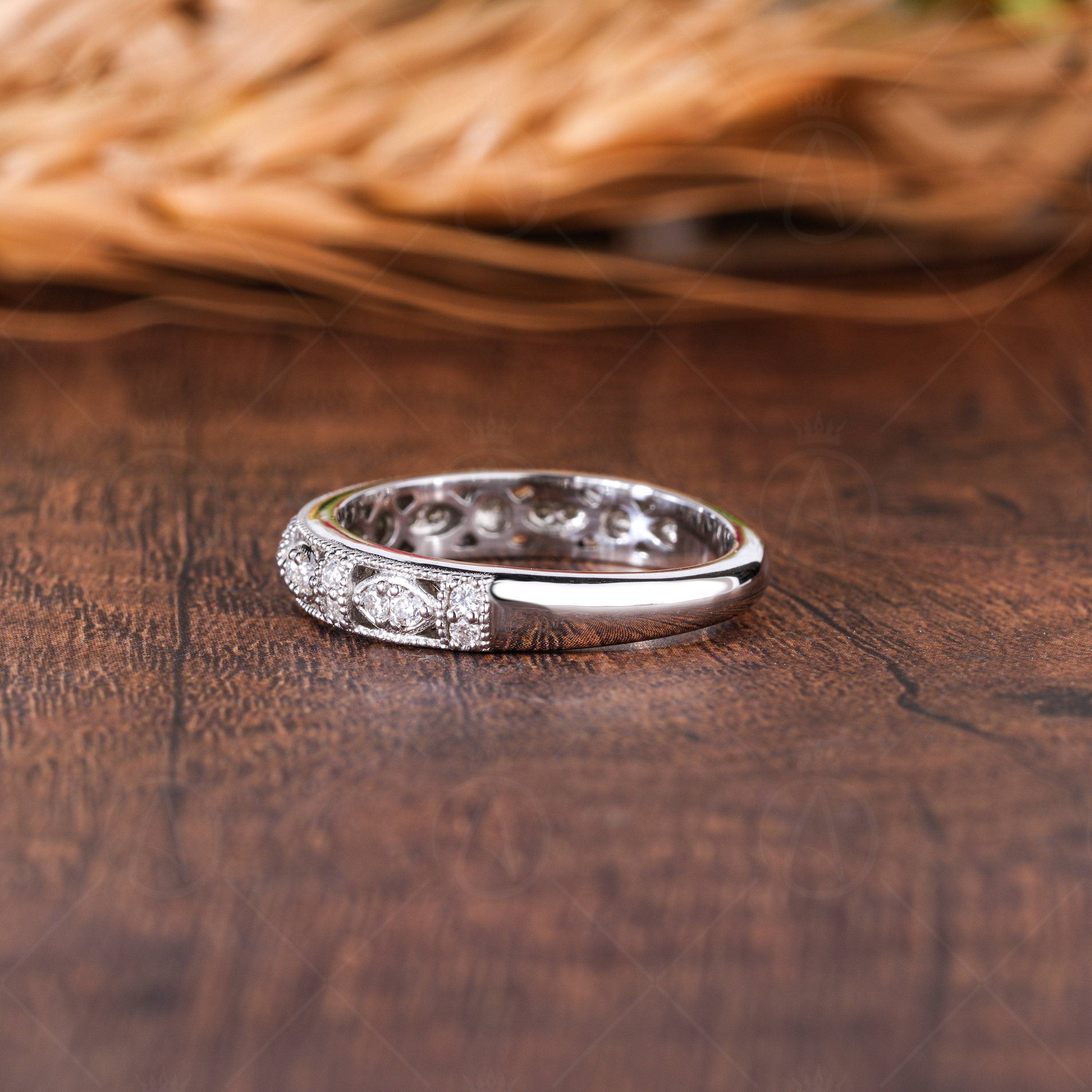 Art Deco Vintage Wedding Bands Women Milgrain Vintage Matching Band Unique White Gold Anniversary Band Moissanite Wide Band Promise Ring