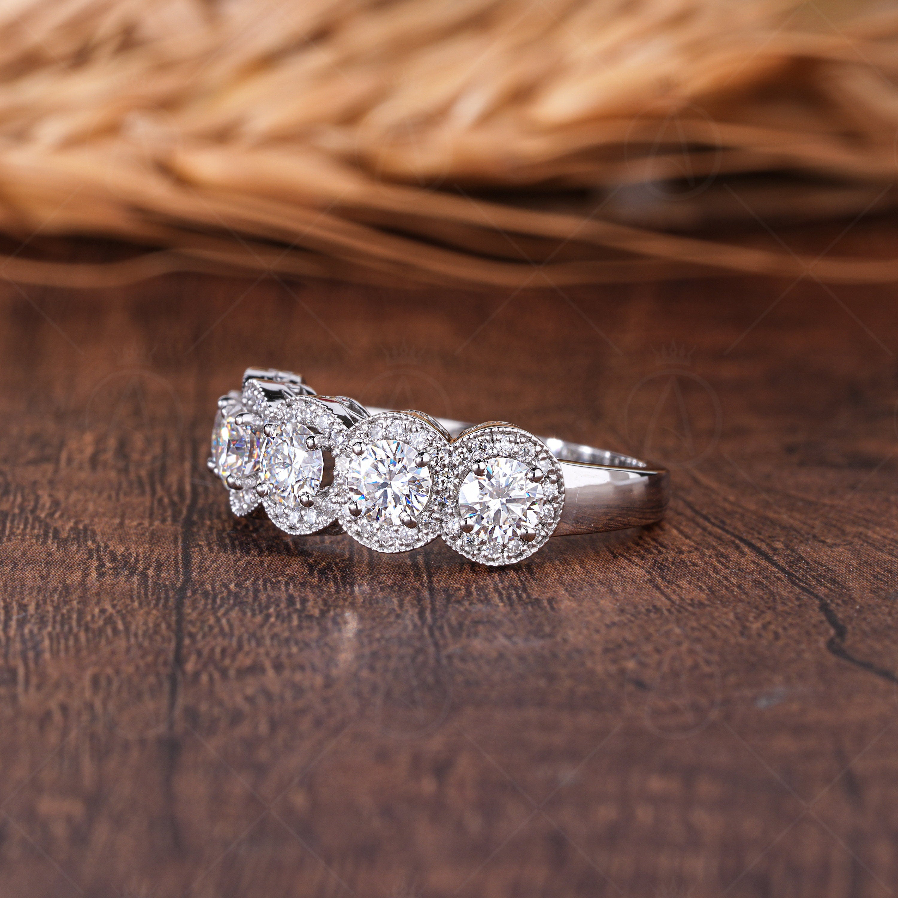 Five Round Moissanite Halo Wedding Band, 5 Stones Halo Anniversary Rings For Women, Unique Promise Ring For Her, 14K White Gold Band