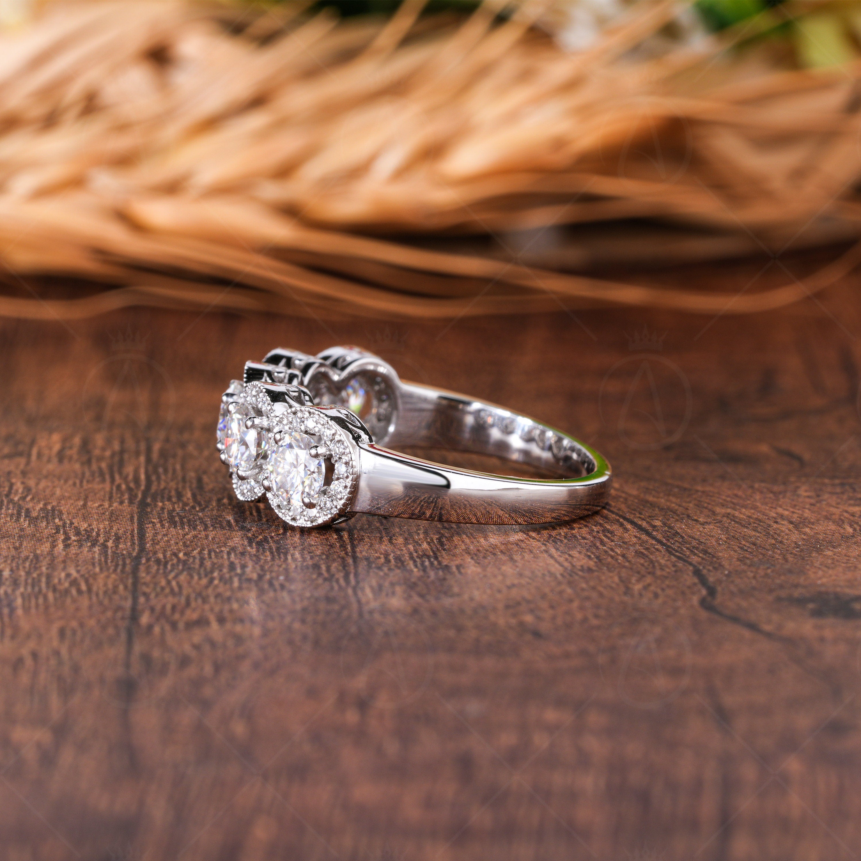 Five Round Moissanite Halo Wedding Band, 5 Stones Halo Anniversary Rings For Women, Unique Promise Ring For Her, 14K White Gold Band