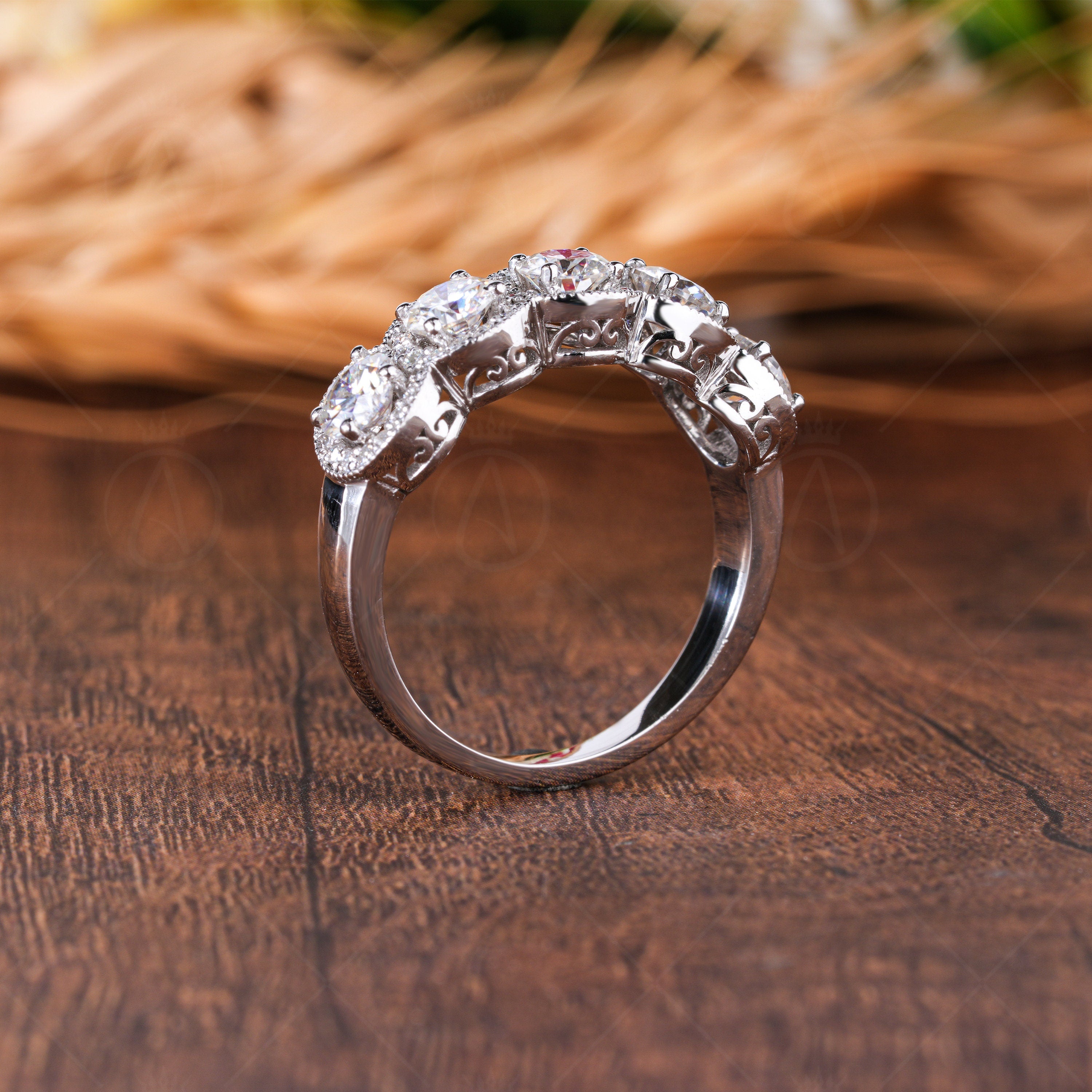 Five Round Moissanite Halo Wedding Band, 5 Stones Halo Anniversary Rings For Women, Unique Promise Ring For Her, 14K White Gold Band