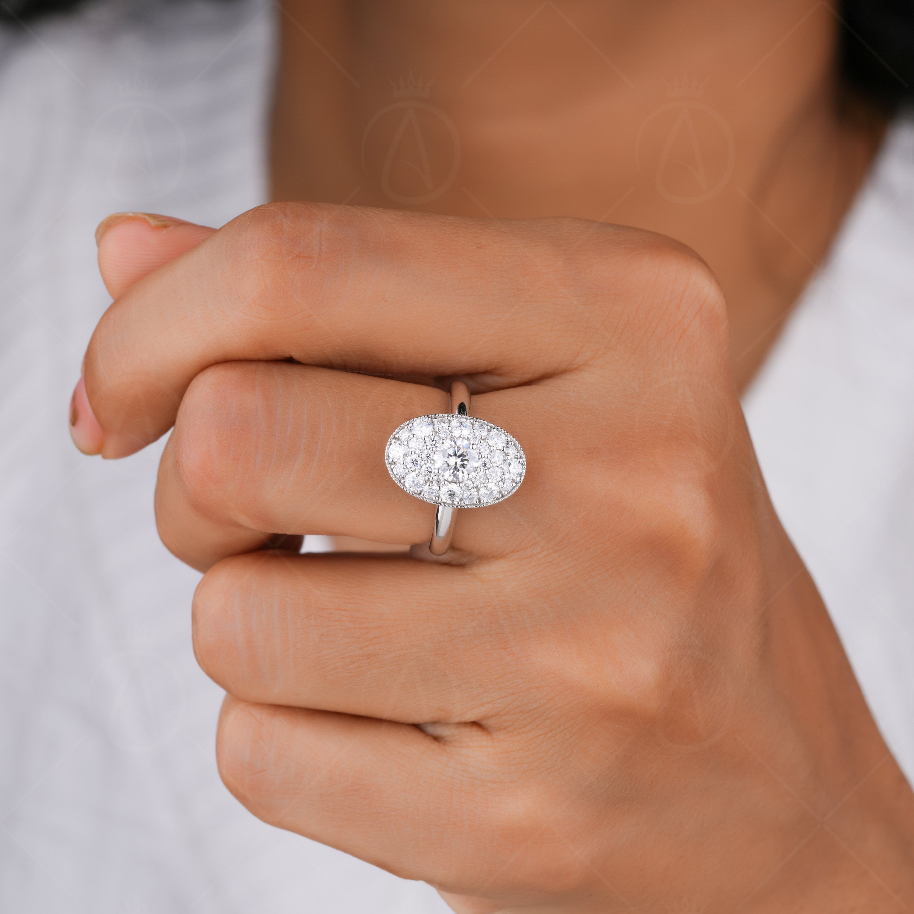 Oval Shaped Moissanite Diamond Cluster Engagement Ring Micro Pave Statement Ring Multi Stones Celebrity Inspired Ring For Women