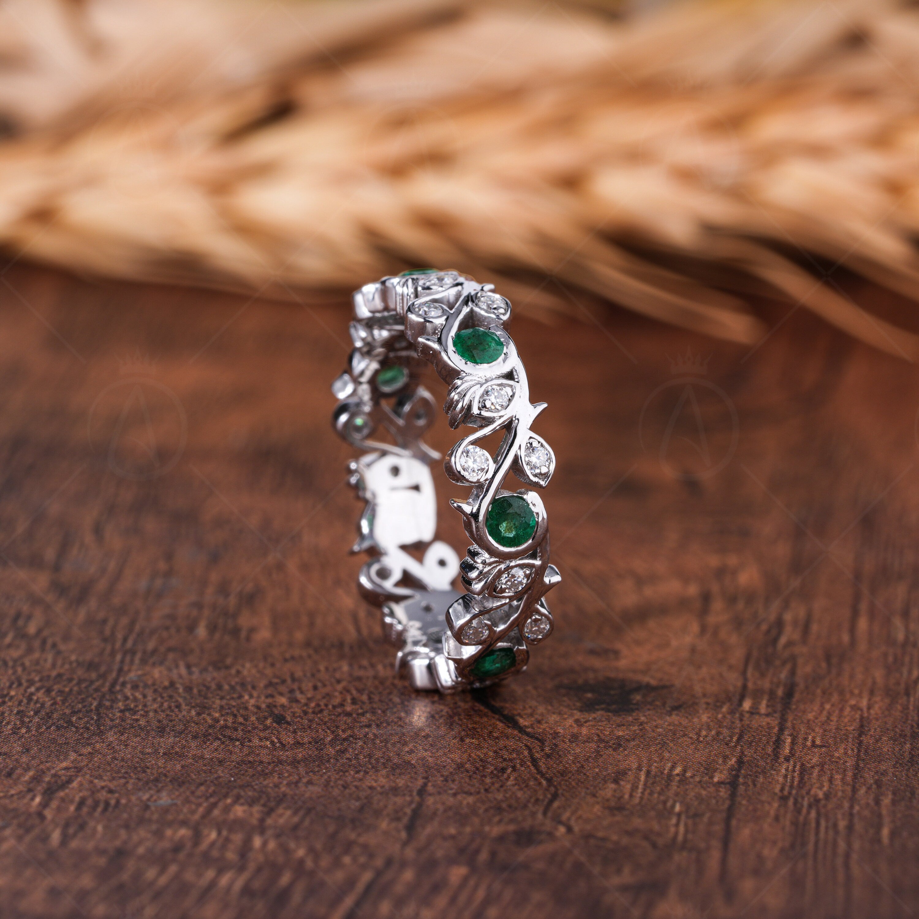 Nature Inspired Twig Branch Wedding Band Unique Leaf And Vine Emerald Band Ring Art Deco Twig Nature Anniversary Band For Women