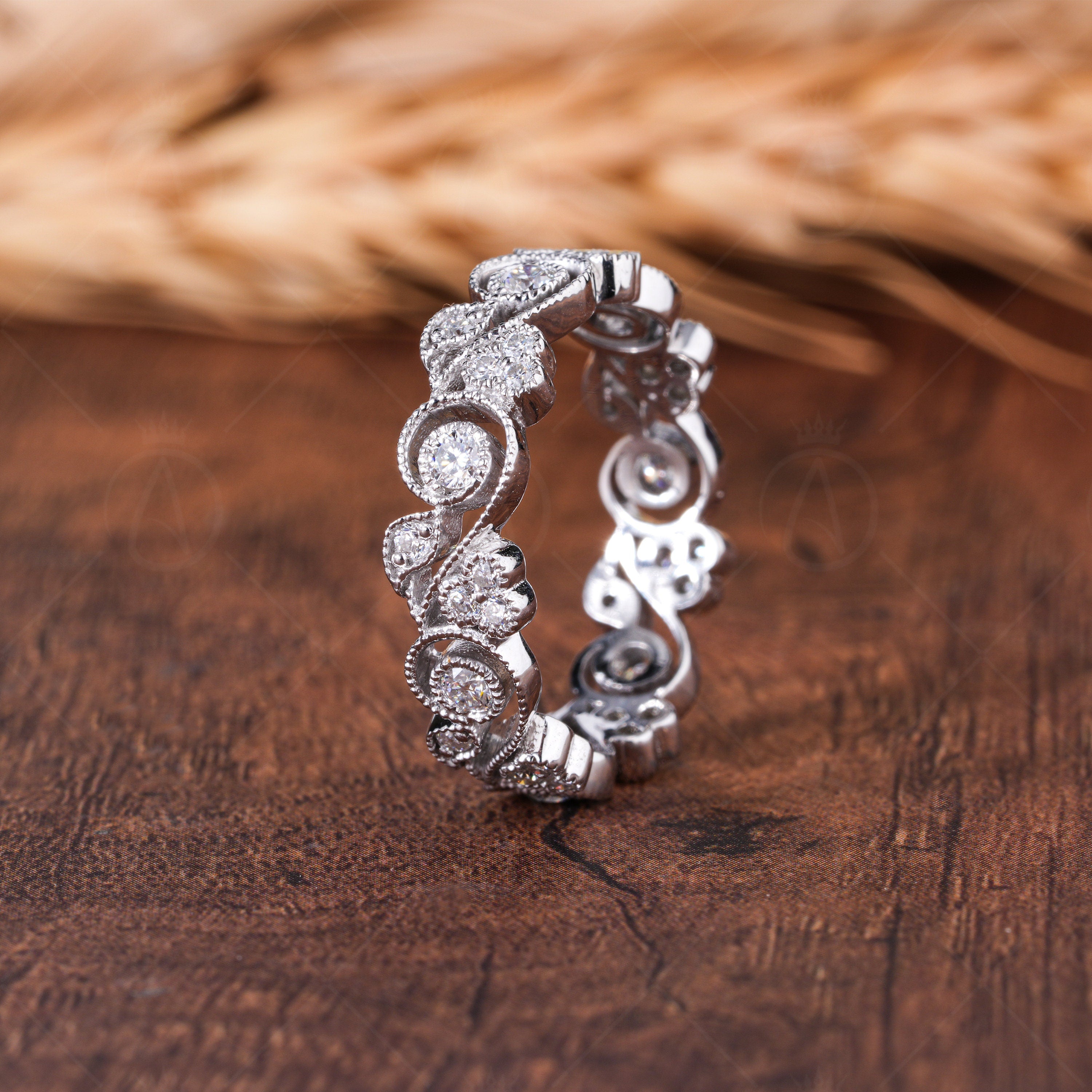 Vintage Filigree Wedding Bands Women Unique Milgrain Full Eternity Band Art Deco Anniversary Band White Gold Moissanite Band Ring