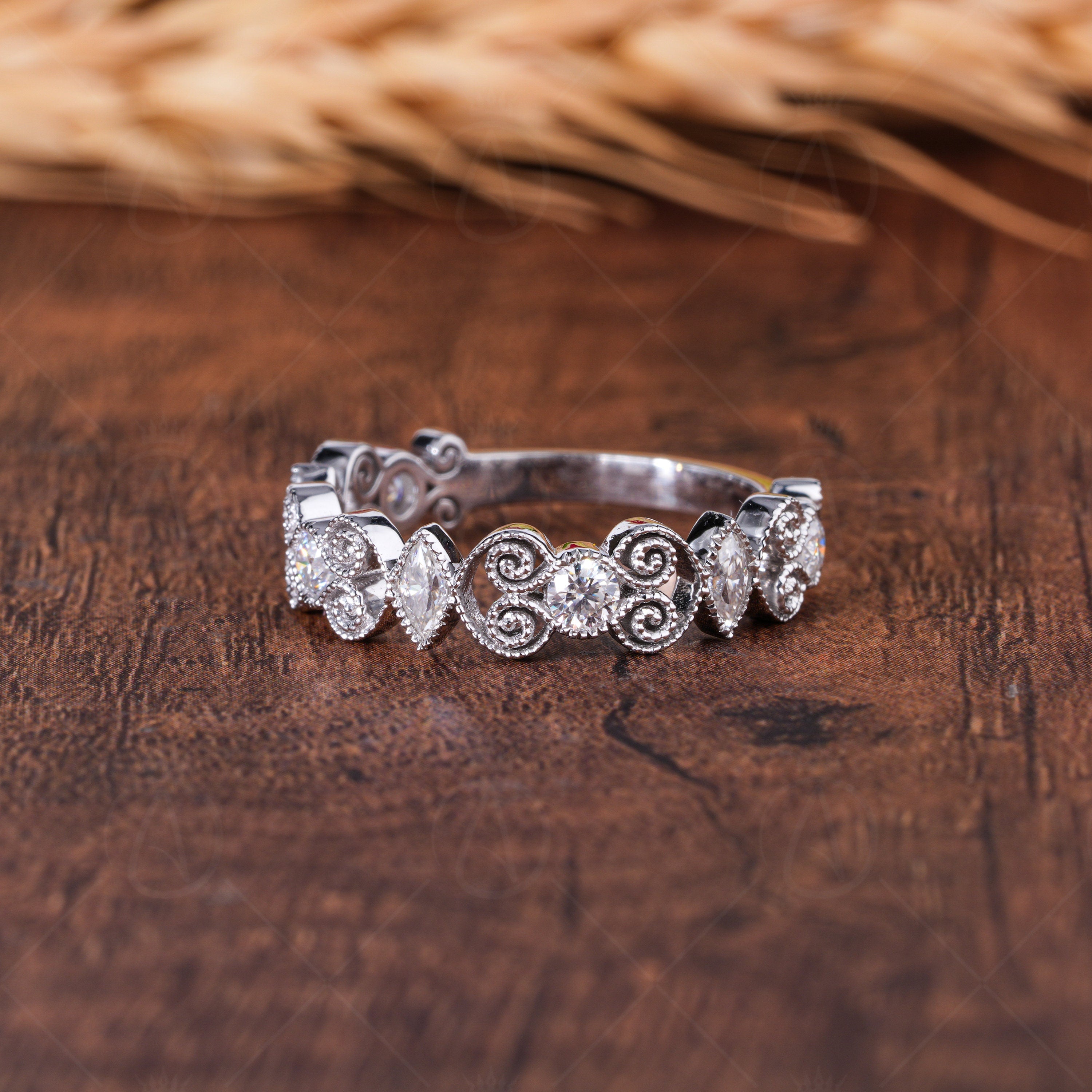 Filigree Wedding Band For Women Milgrain Vintage Anniversary Ring Unique Art Deco White Gold Ring Moissanite Wide Promise Band