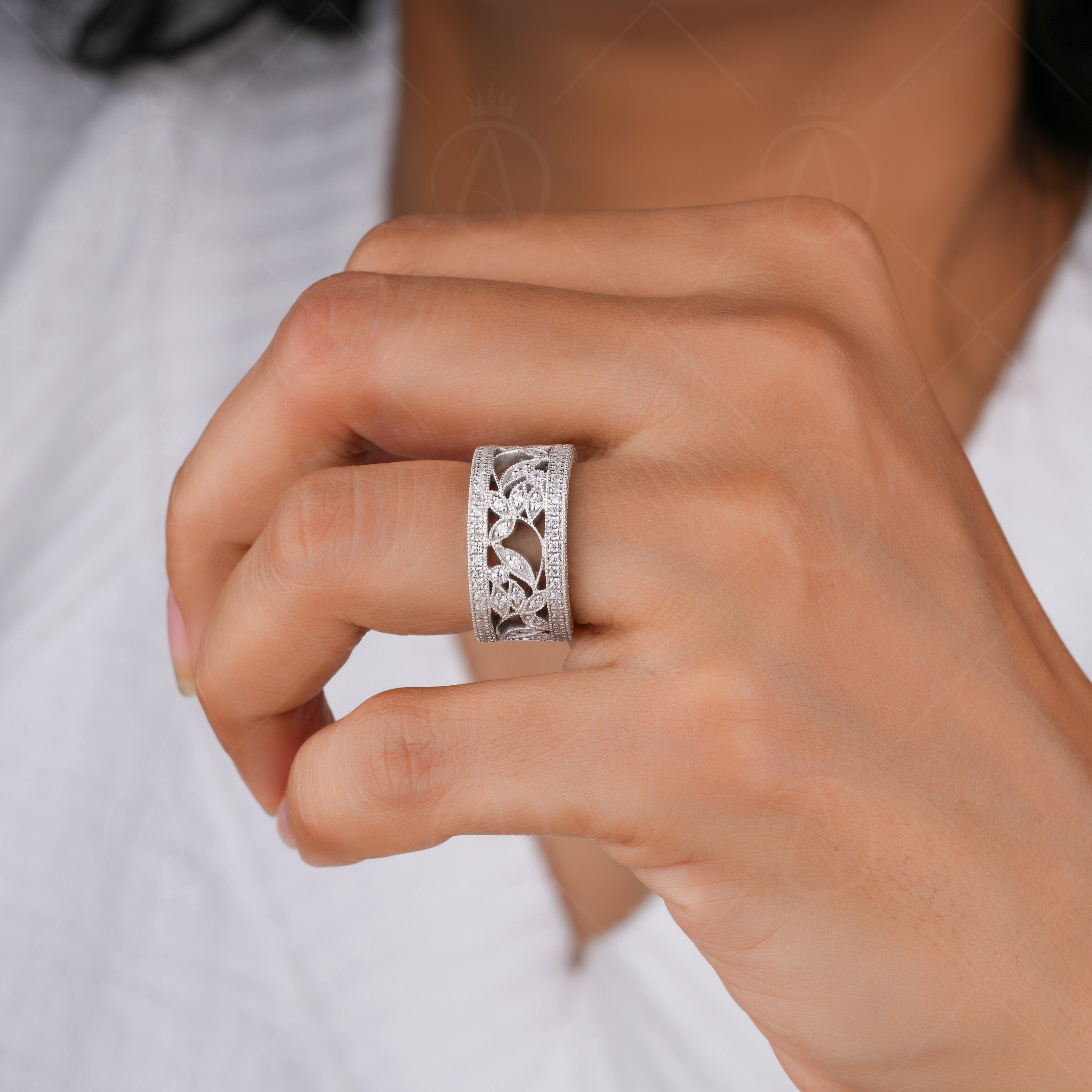 Nature Inspired Leaf Branch Anniversary Rings For Women Antique Filigree Wide Wedding Band Vintage Milgrain Band Moissanite Wide Band