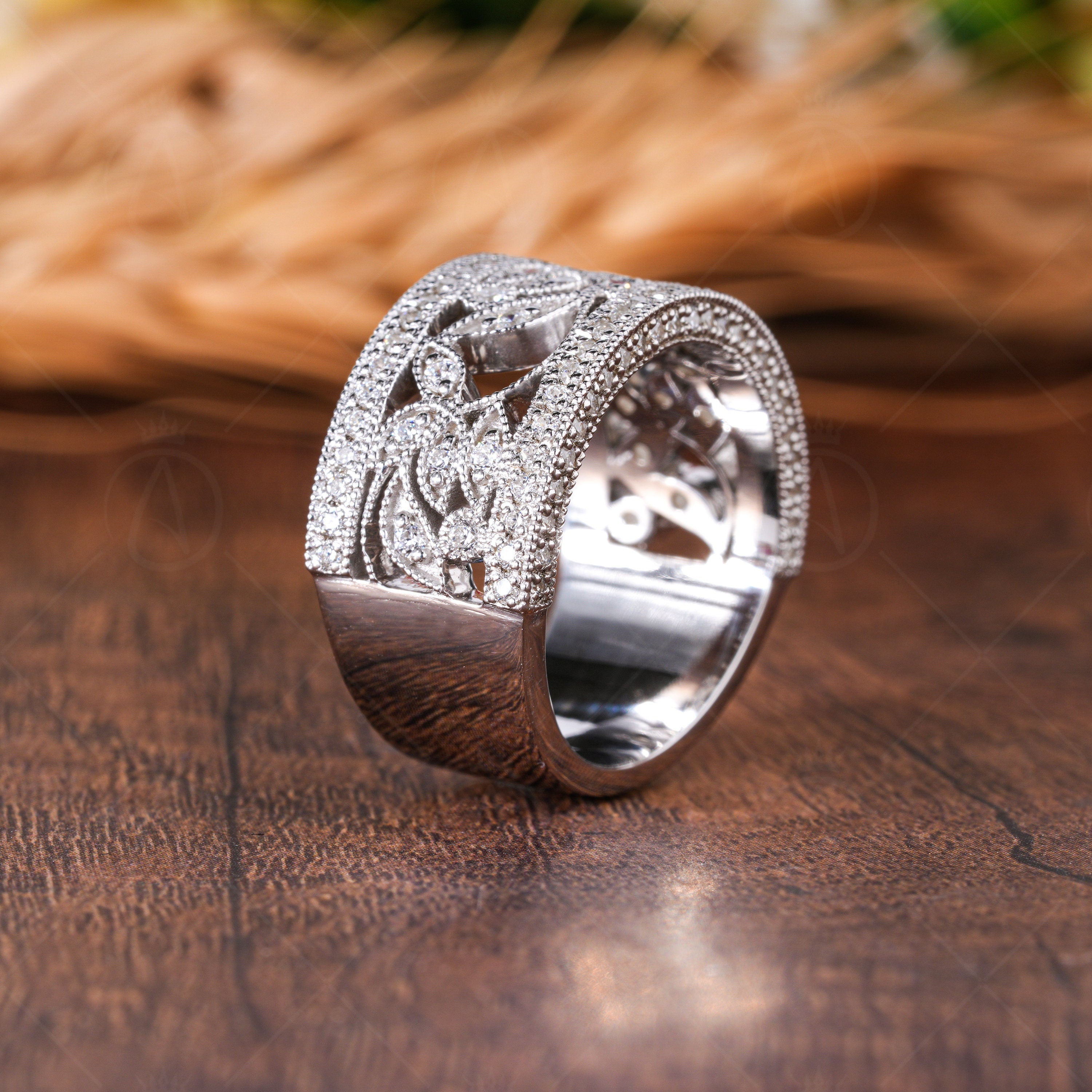 Nature Inspired Leaf Branch Anniversary Rings For Women Antique Filigree Wide Wedding Band Vintage Milgrain Band Moissanite Wide Band