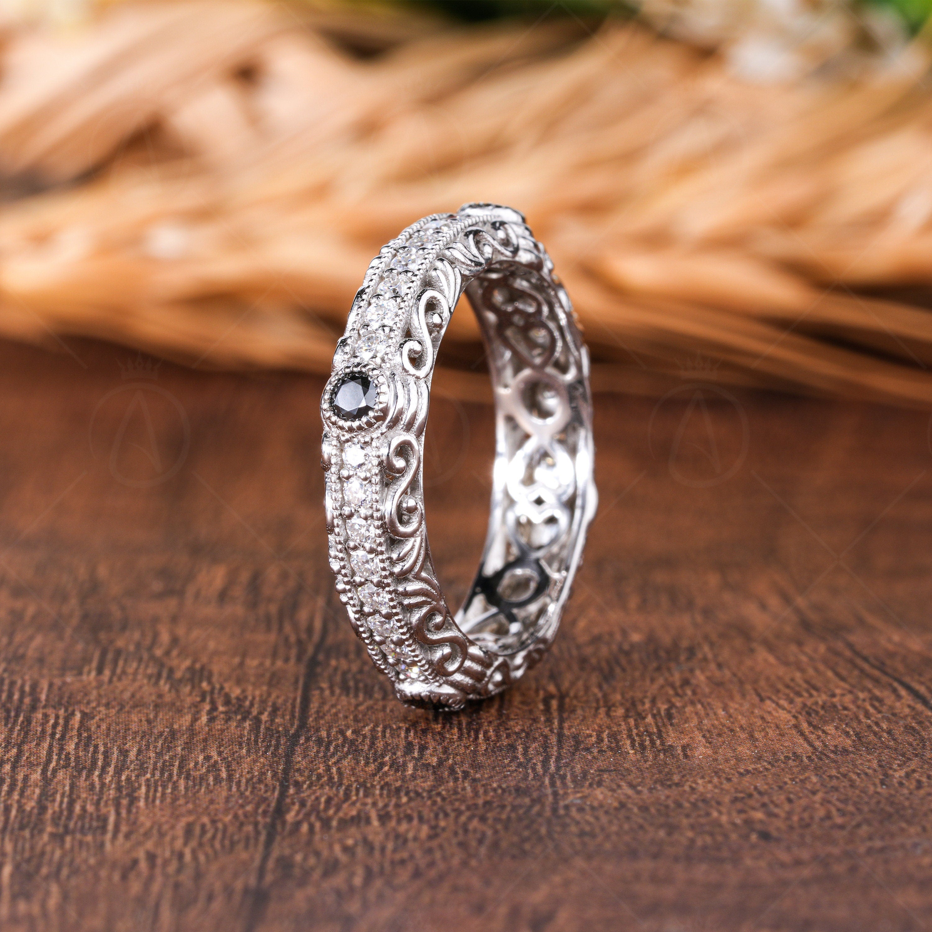 Antique Vintage Engraved Wedding Bands Women Unique Carved Estate Wedding Ring Anniversary Promise Band Moissanite Art Deco Band Handmade Statement Jewelry