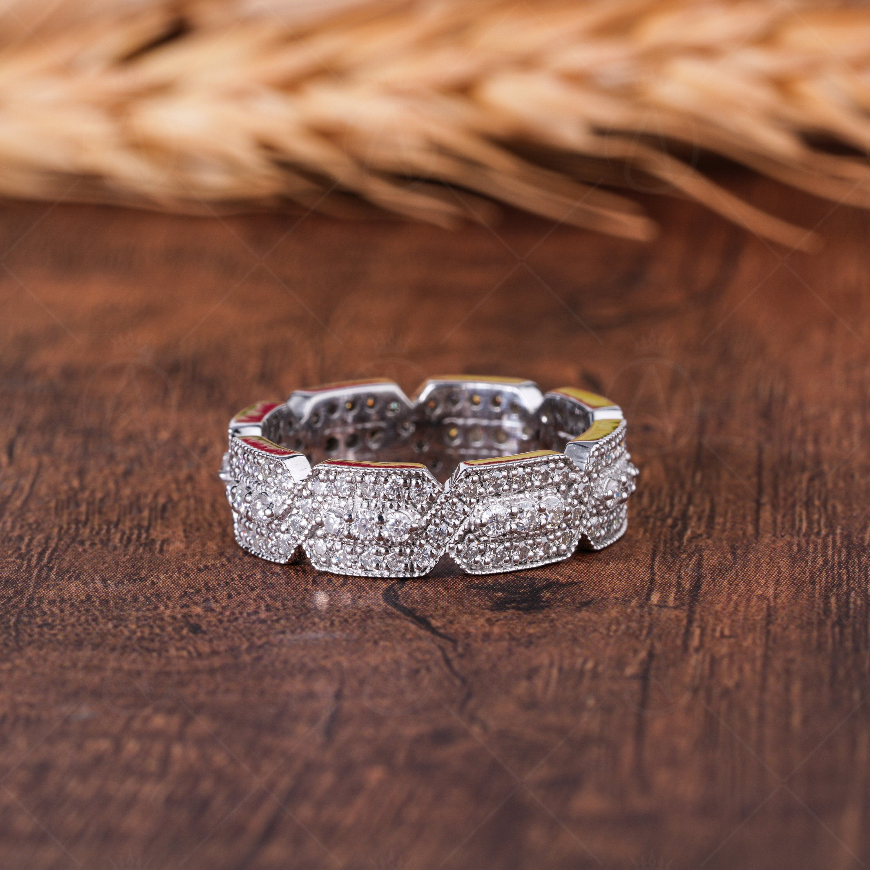 Unique Moissanite Full Eternity Wedding Bands Women Wide Vintage Milgrain Band Ring Designer Anniversary Ring Promise Ring For Her