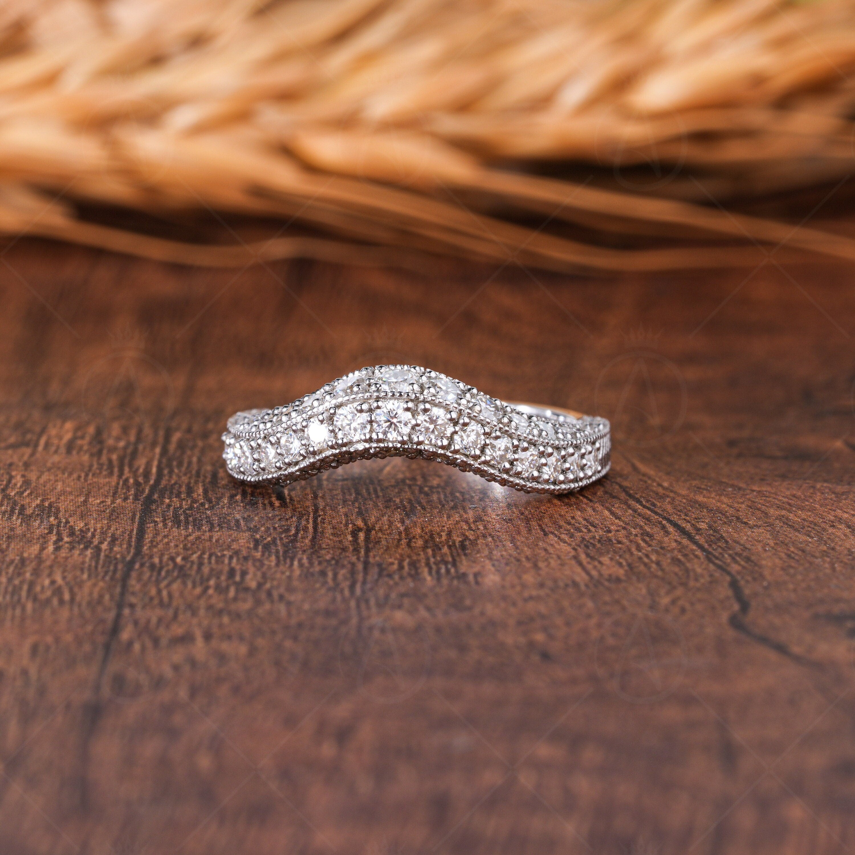 3 Sided Pave Contour Wedding Bands Women, Antique Vintage Curved Stacking Ring, Art Deco Moissanite Matching Band, Bridal Engraved Ring