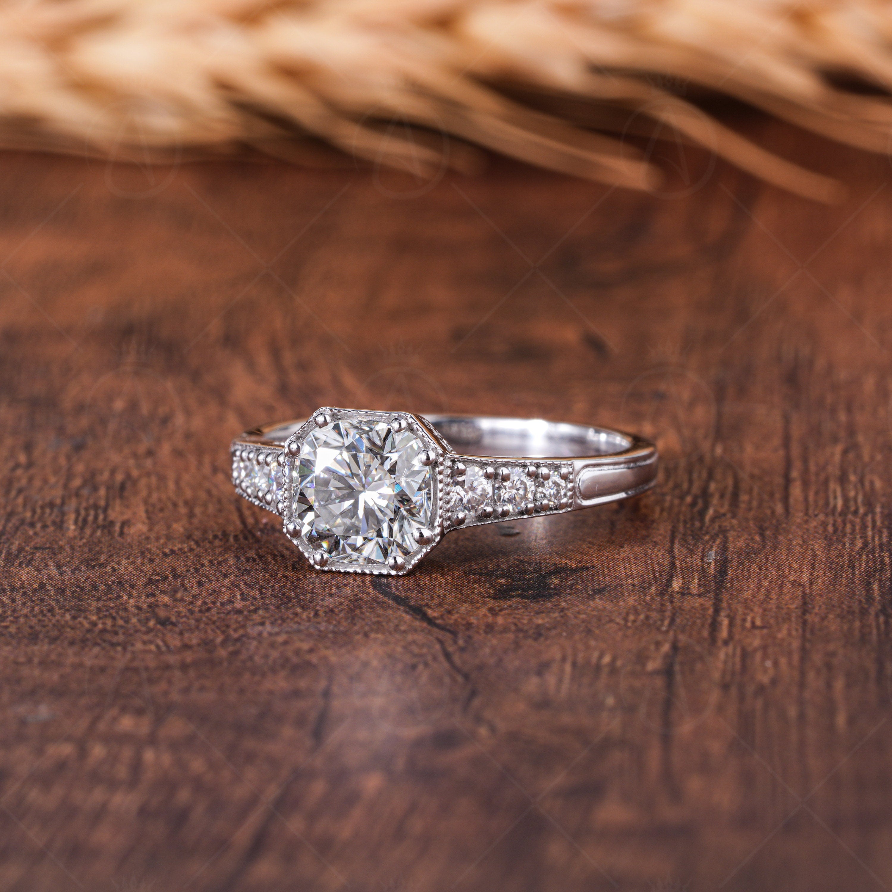 1.5Ct Cushion Cut Moissanite Art Deco Engagement Ring Unique Promise Rings For Women Colorless Moissanite Vintage Ring For Her