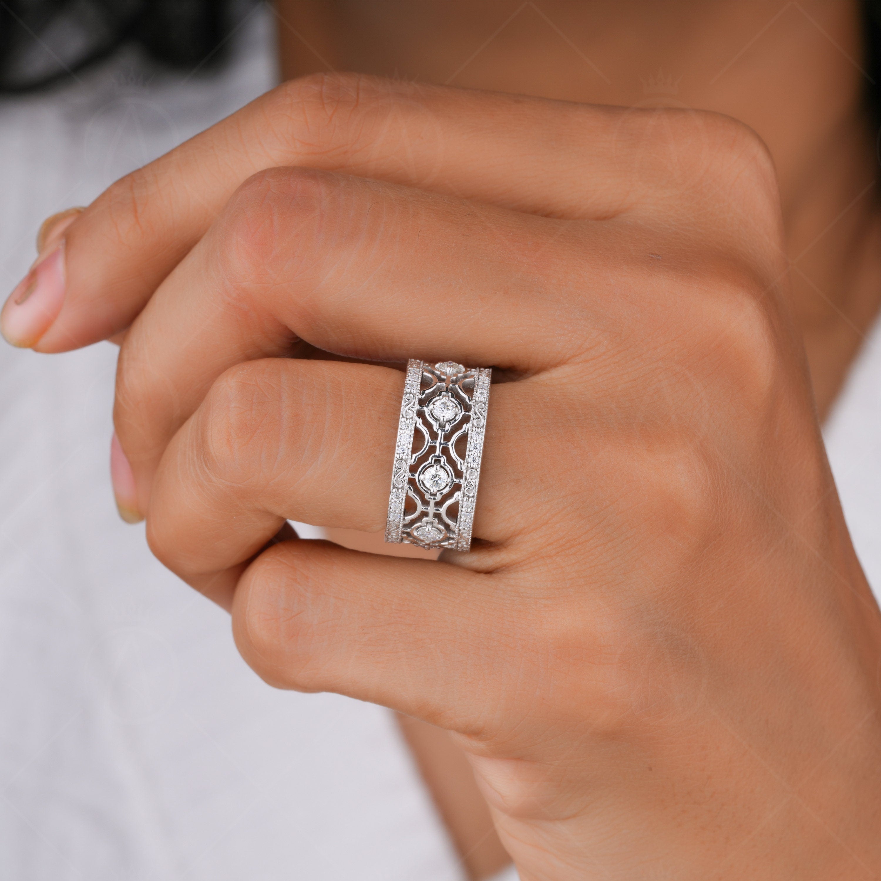 10mm Designer Wide Anniversary Band Rings For Women, Unique Right Hand Statement Band, Thick Art Deco Wedding Bands, Moissanite Diamond Band, Cocktail Style Band, Modern Fashion Ring