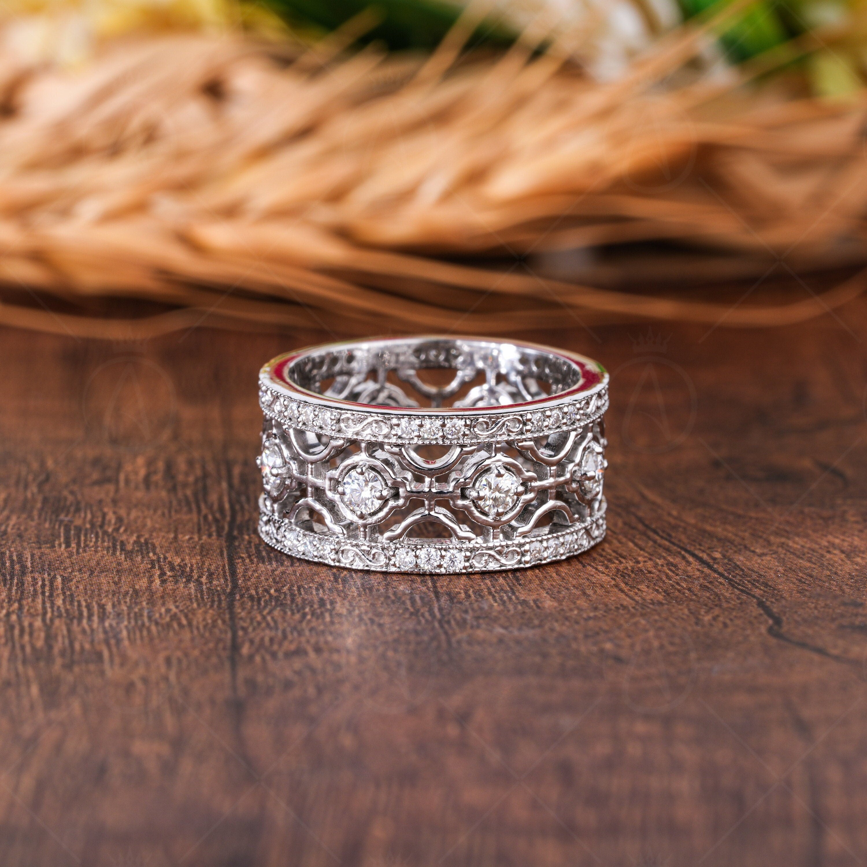 10mm Designer Wide Anniversary Band Rings For Women, Unique Right Hand Statement Band, Thick Art Deco Wedding Bands, Moissanite Diamond Band, Cocktail Style Band, Modern Fashion Ring