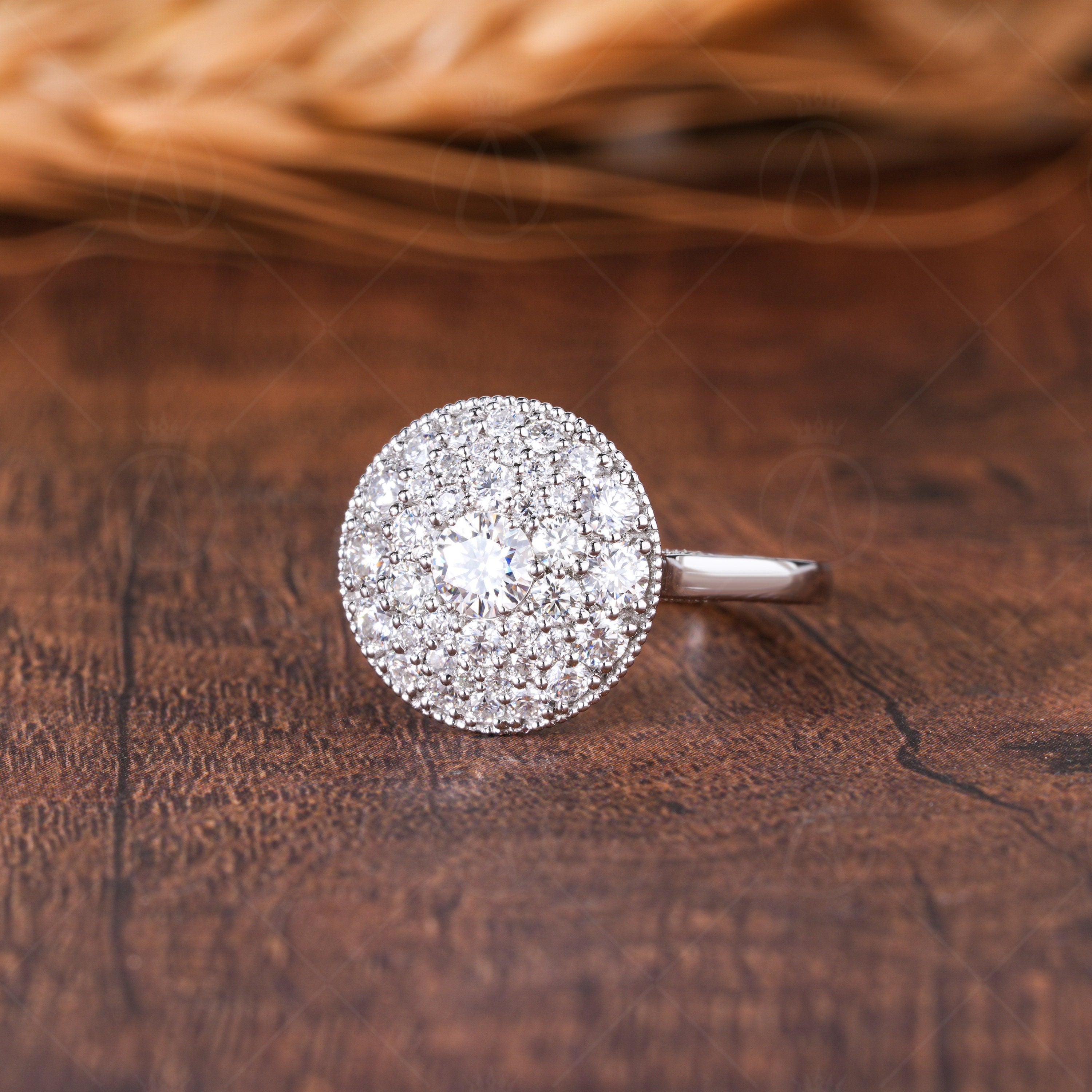 Celebrity Inspired Round Shaped Moissanite Diamond Cluster Engagement Ring, Multi Stone Dome Statement Ring, Unique Promise Rings For Women, Micro Pave Setting Engagement Ring