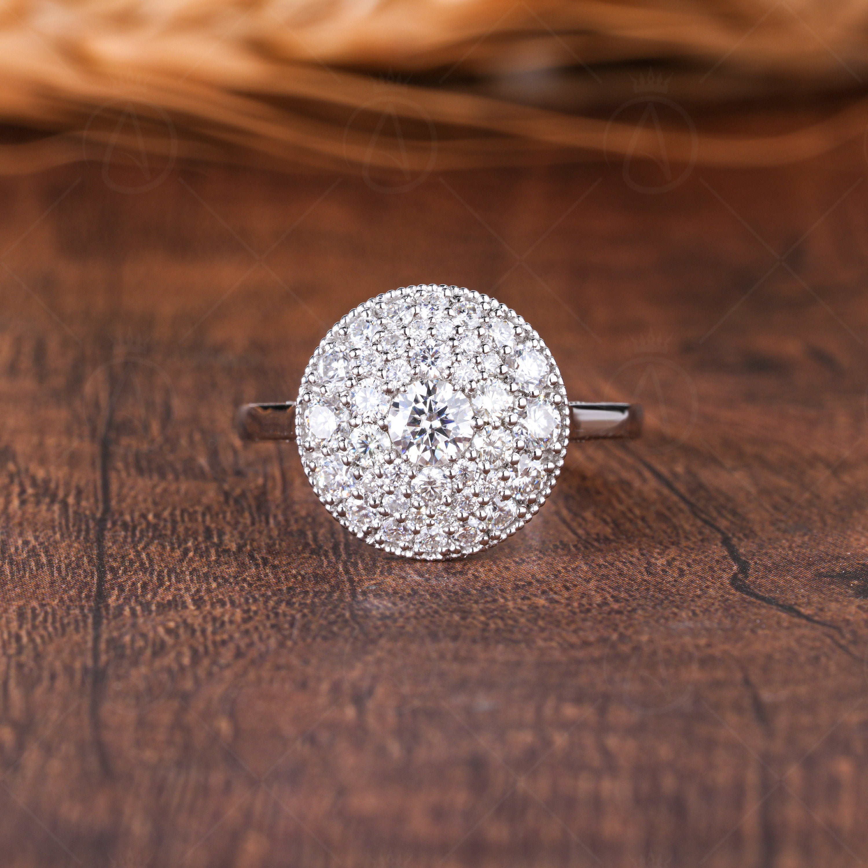 Celebrity Inspired Round Shaped Moissanite Diamond Cluster Engagement Ring, Multi Stone Dome Statement Ring, Unique Promise Rings For Women, Micro Pave Setting Engagement Ring