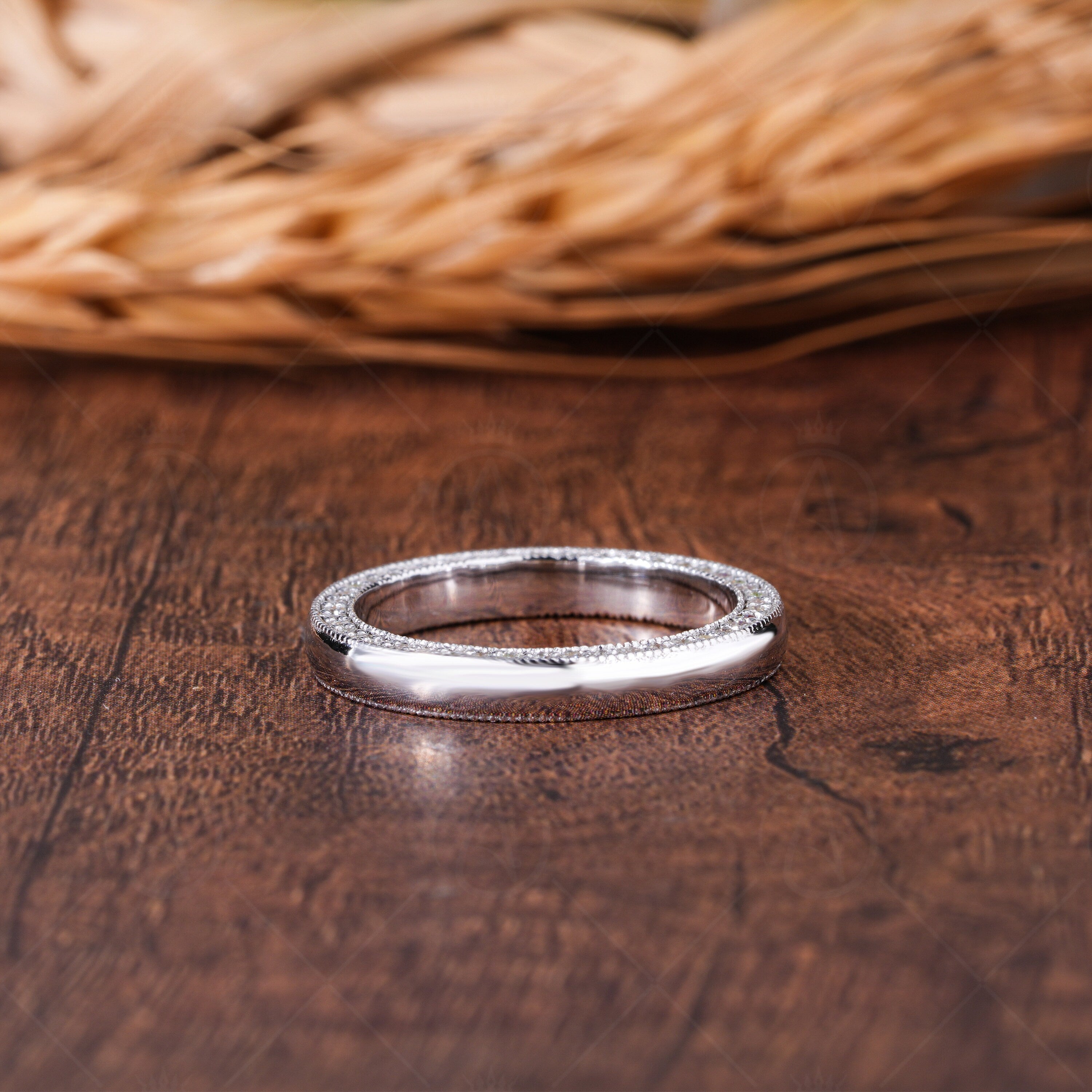 Flat Wedding Band With Moissanite Diamond Two Sided Pave Stackable Rings Moissanite Double Row Anniversary Band For Women