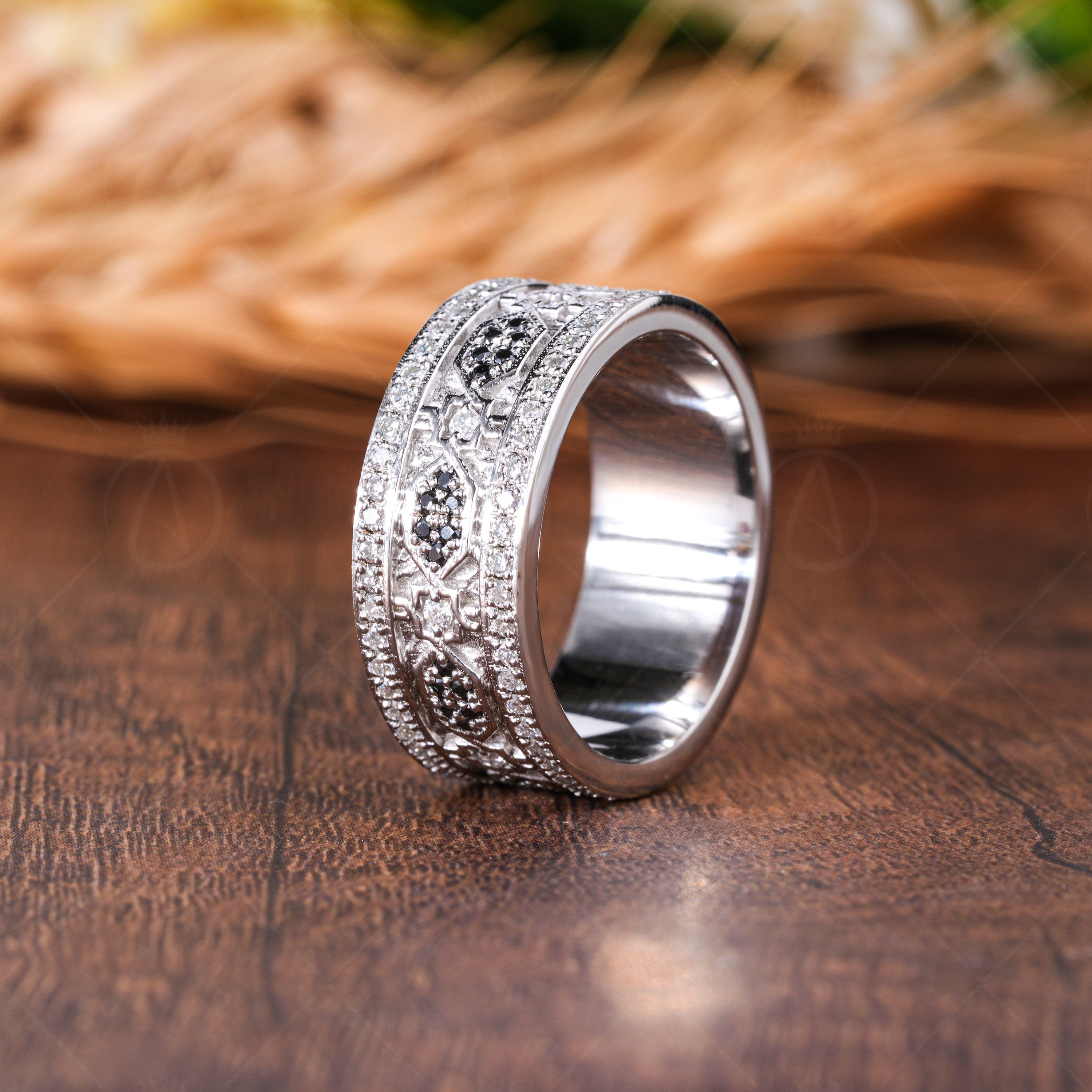 Moissanite Wide Cigar Band Rings, Full Eternity Wedding Anniversary Band, Designer Art Deco Thick Band, Unique Statement Ring