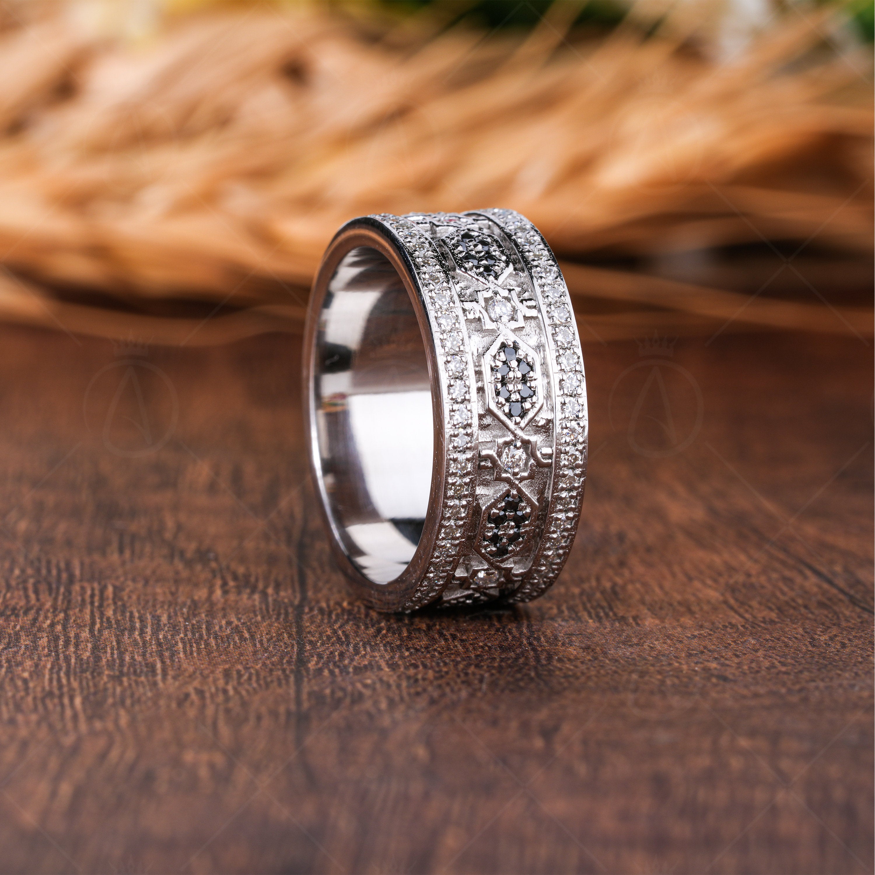 Moissanite Wide Cigar Band Rings, Full Eternity Wedding Anniversary Band, Designer Art Deco Thick Band, Unique Statement Ring