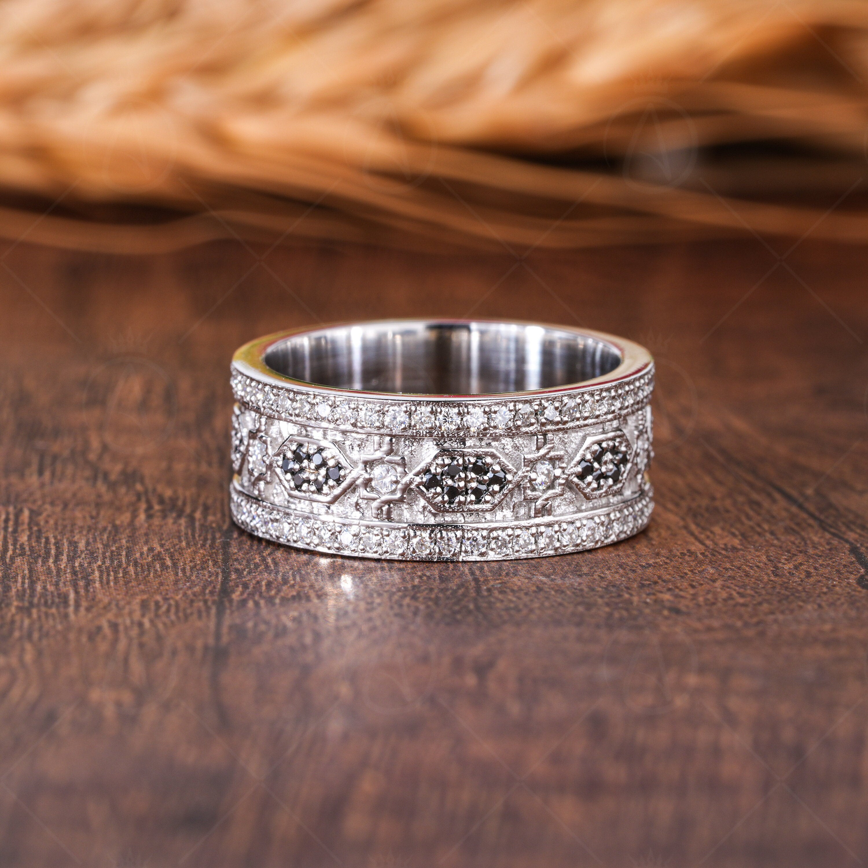 Moissanite Wide Cigar Band Rings, Full Eternity Wedding Anniversary Band, Designer Art Deco Thick Band, Unique Statement Ring