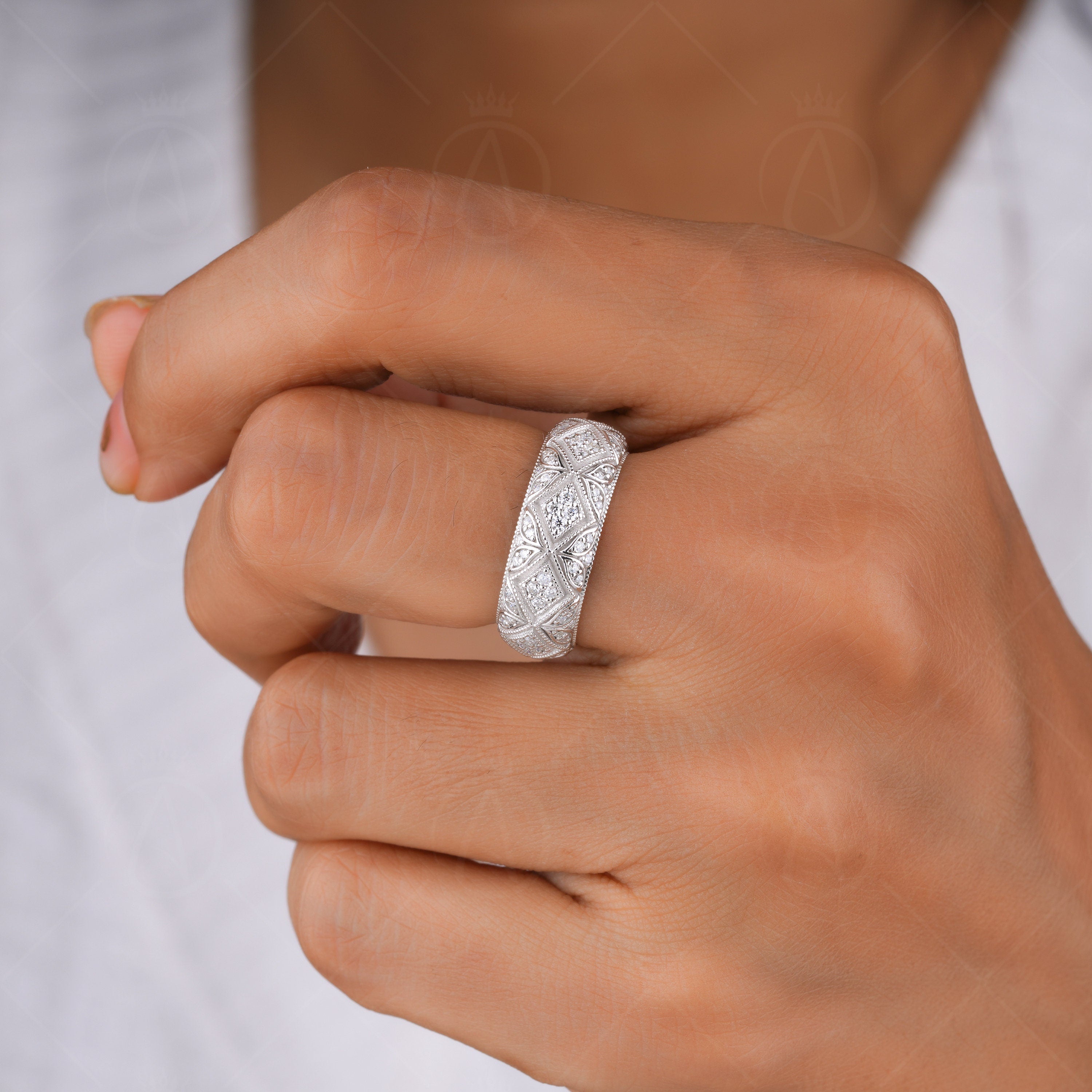 Antique Filigree Estate Wedding Bands For Women Moissanite Dome Statement Ring Art Deco Vintage Milgrain Anniversary Band Wide Eternity Band