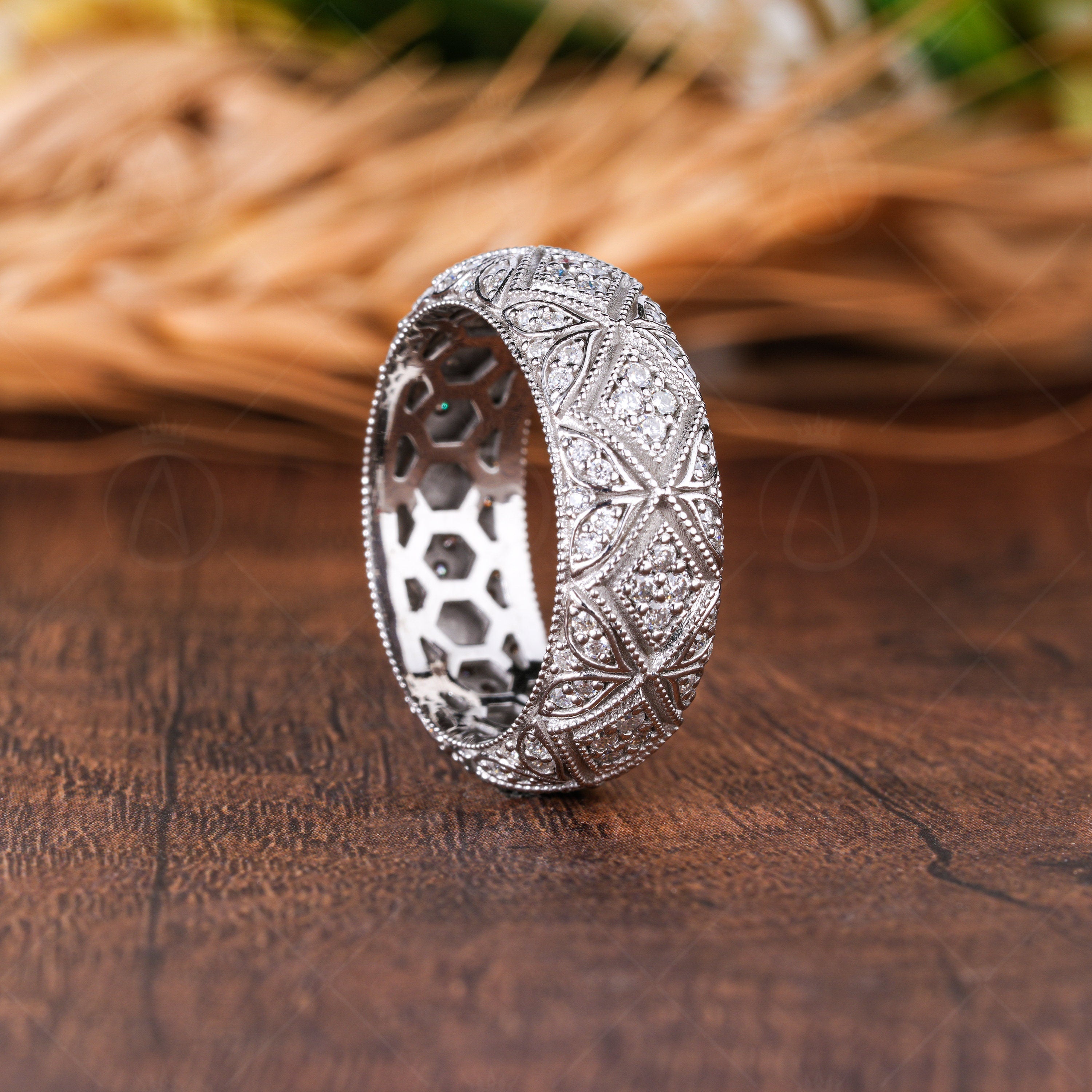 Antique Filigree Estate Wedding Bands For Women Moissanite Dome Statement Ring Art Deco Vintage Milgrain Anniversary Band Wide Eternity Band