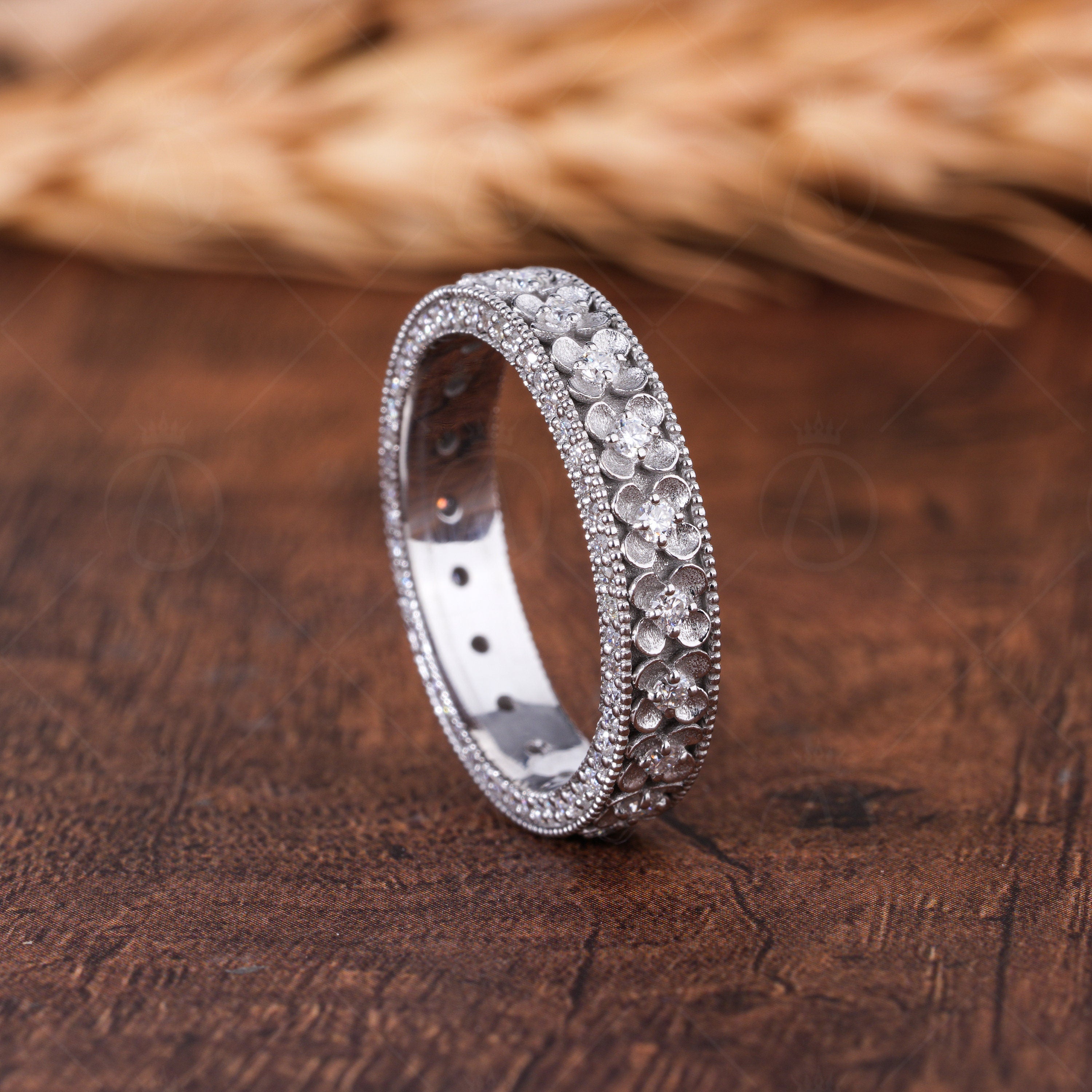 Carved Flower Antique Wedding Band Double Sided Pave Moissanite Band Unique Filigree Flower Eternity Band Vintage Milgrain Band For Women Floral Anniversary Band Unique Promise Ring For Her Wide Stackable Ring Moissanite Statement Ring