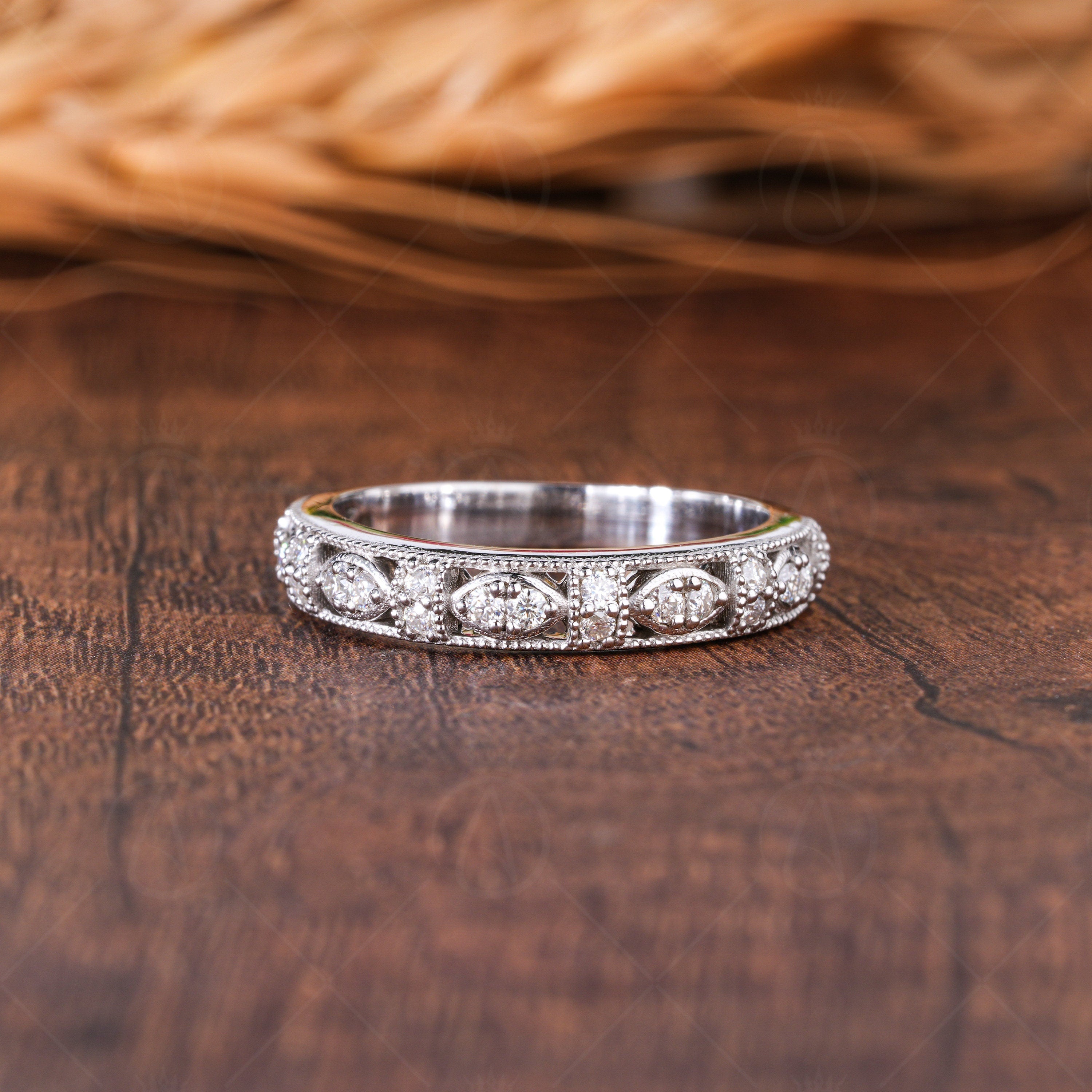 Art Deco Vintage Wedding Bands Women Milgrain Vintage Matching Band Unique White Gold Anniversary Band Moissanite Wide Band Promise Ring