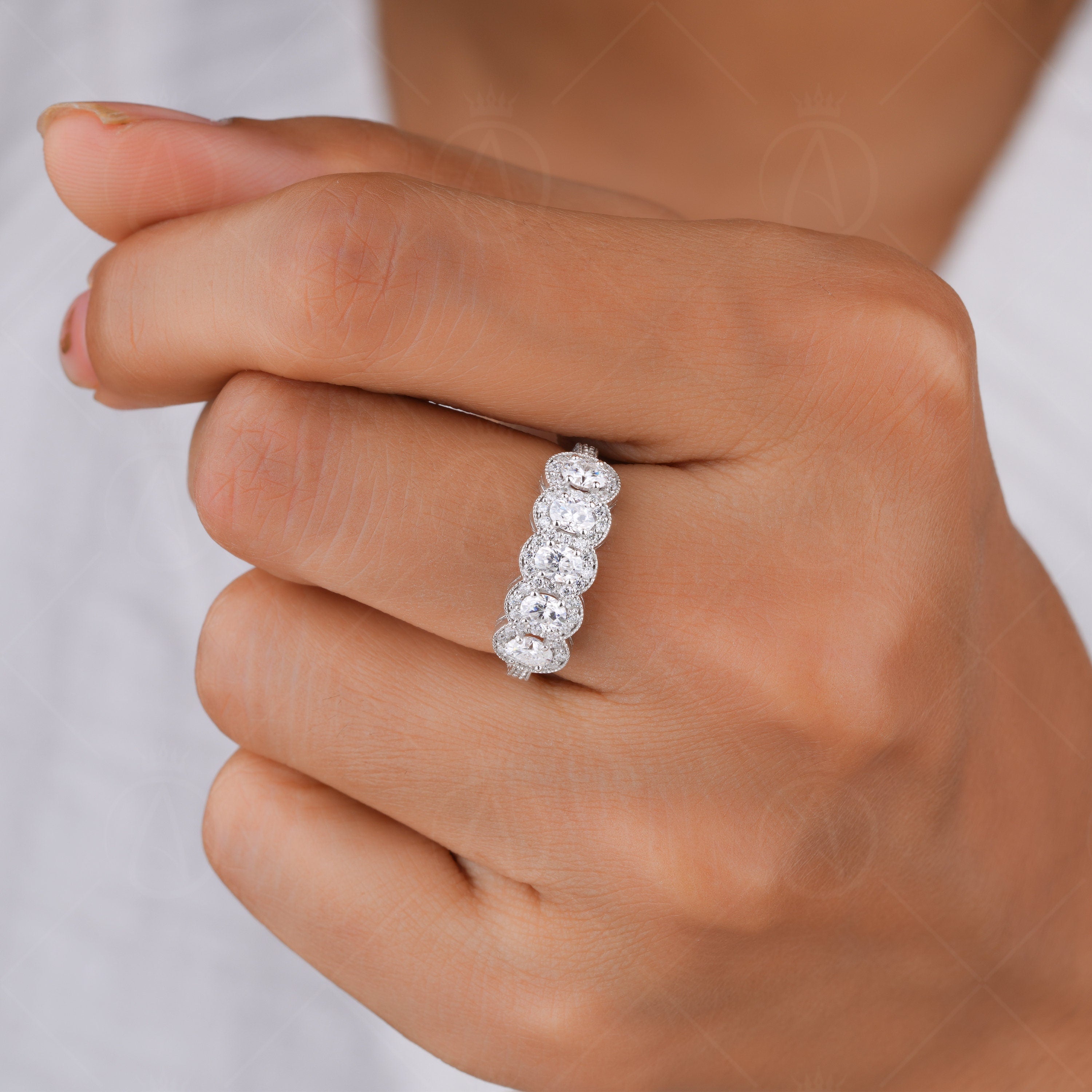 Five Round Moissanite Halo Wedding Band, 5 Stones Halo Anniversary Rings For Women, Unique Promise Ring For Her, 14K White Gold Band