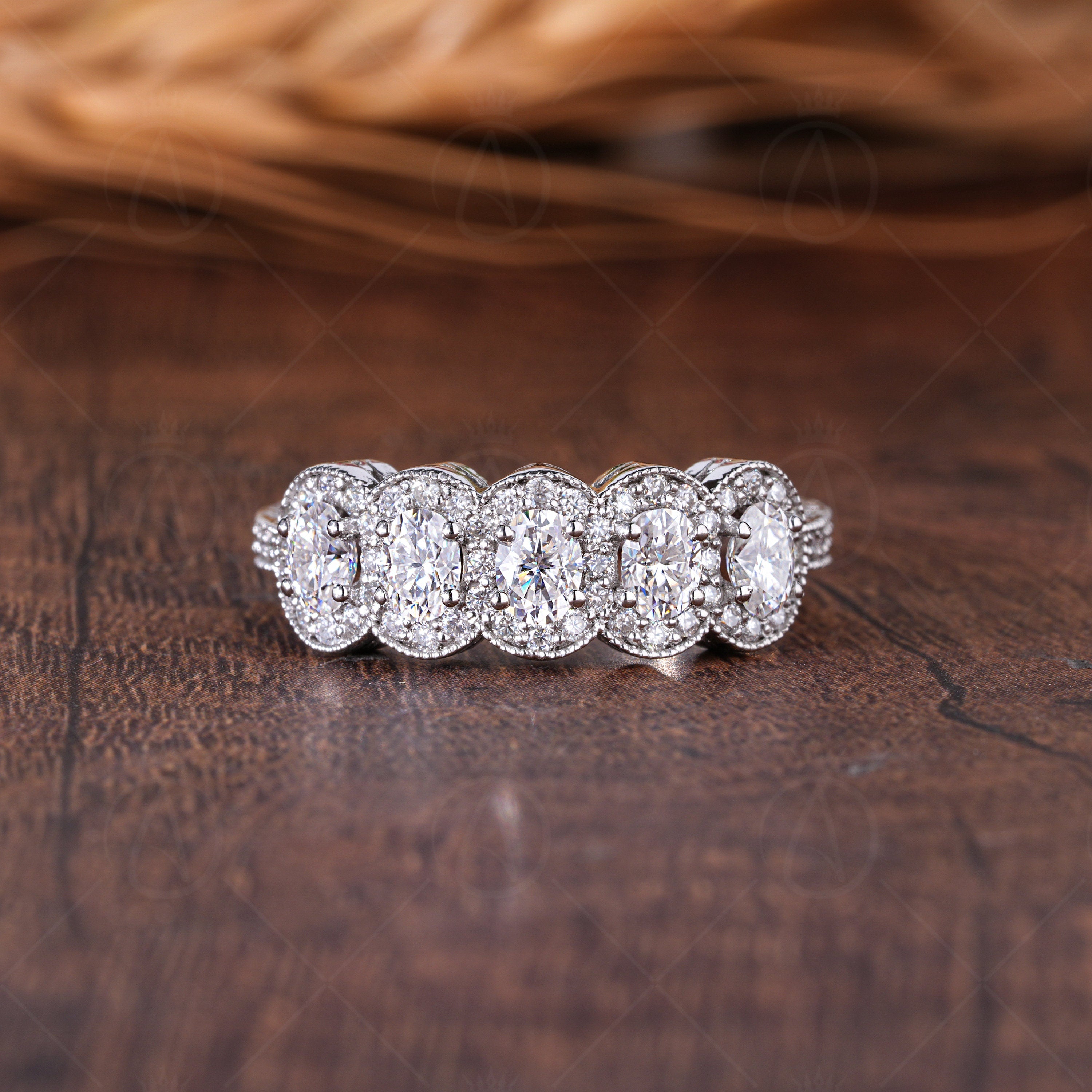 Antique Filigree Oval Anniversary Band Carved Moissanite Oval Halo Wedding Band Five Stone Moissanite Band Unique Promise Rings For Women