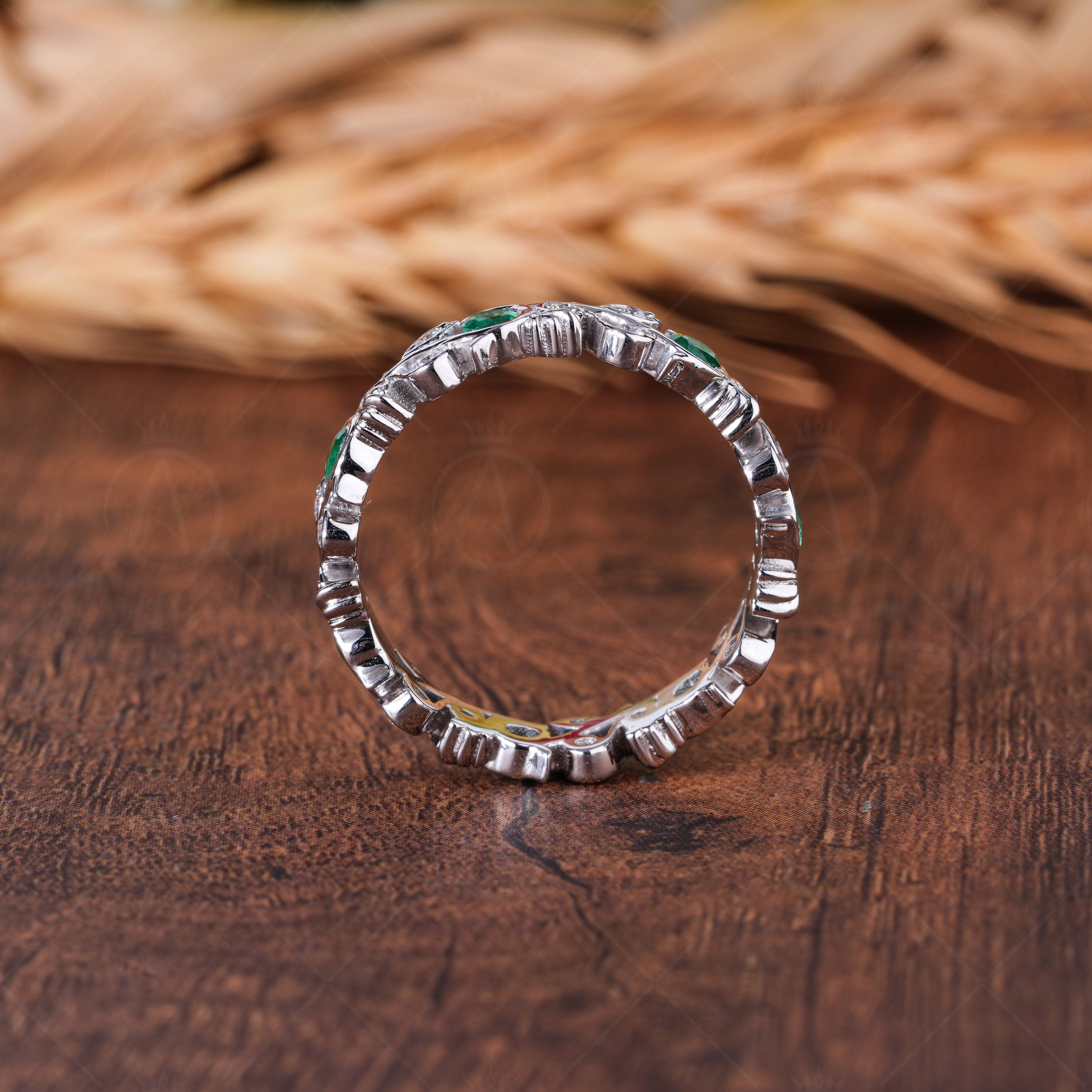 Nature Inspired Twig Branch Wedding Band Unique Leaf And Vine Emerald Band Ring Art Deco Twig Nature Anniversary Band For Women