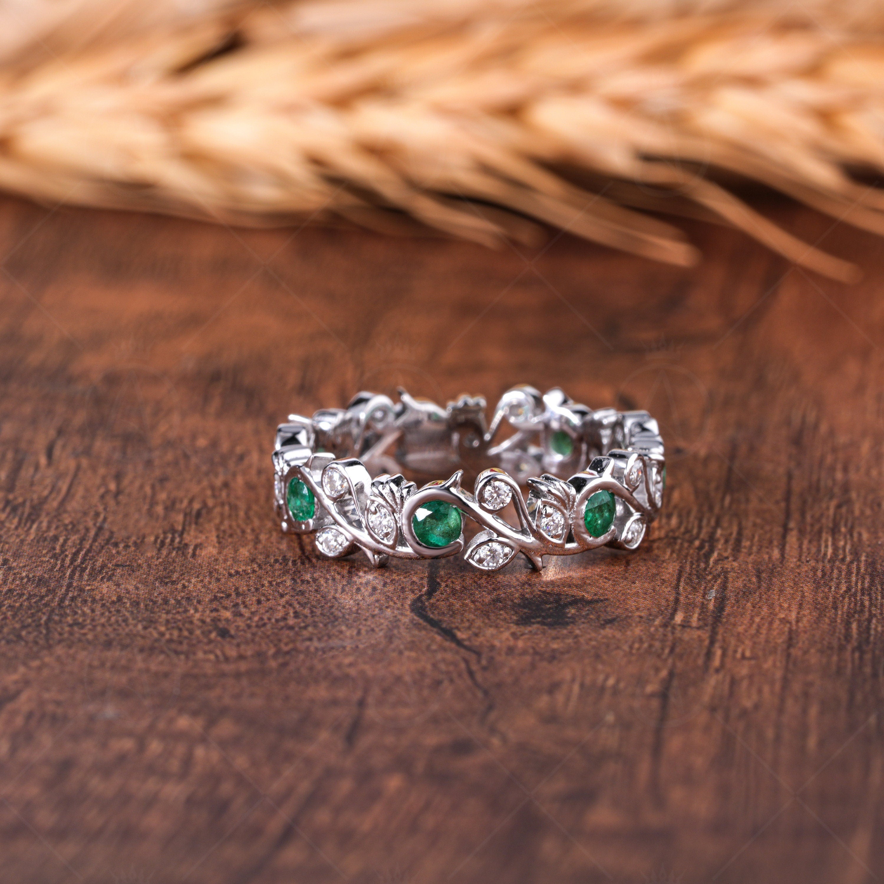 Nature Inspired Twig Branch Wedding Band Unique Leaf And Vine Emerald Band Ring Art Deco Twig Nature Anniversary Band For Women