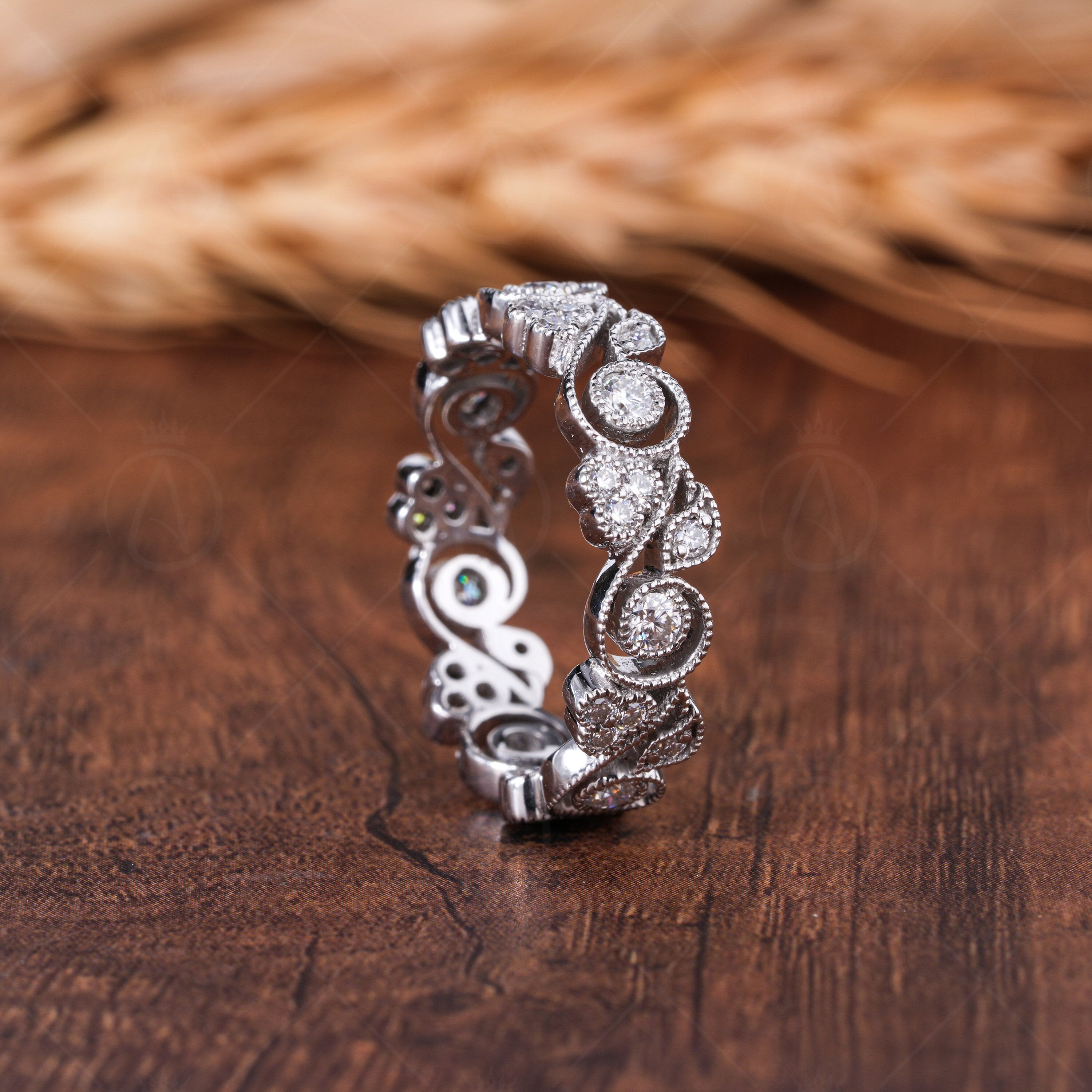 Vintage Filigree Wedding Bands Women Unique Milgrain Full Eternity Band Art Deco Anniversary Band White Gold Moissanite Band Ring