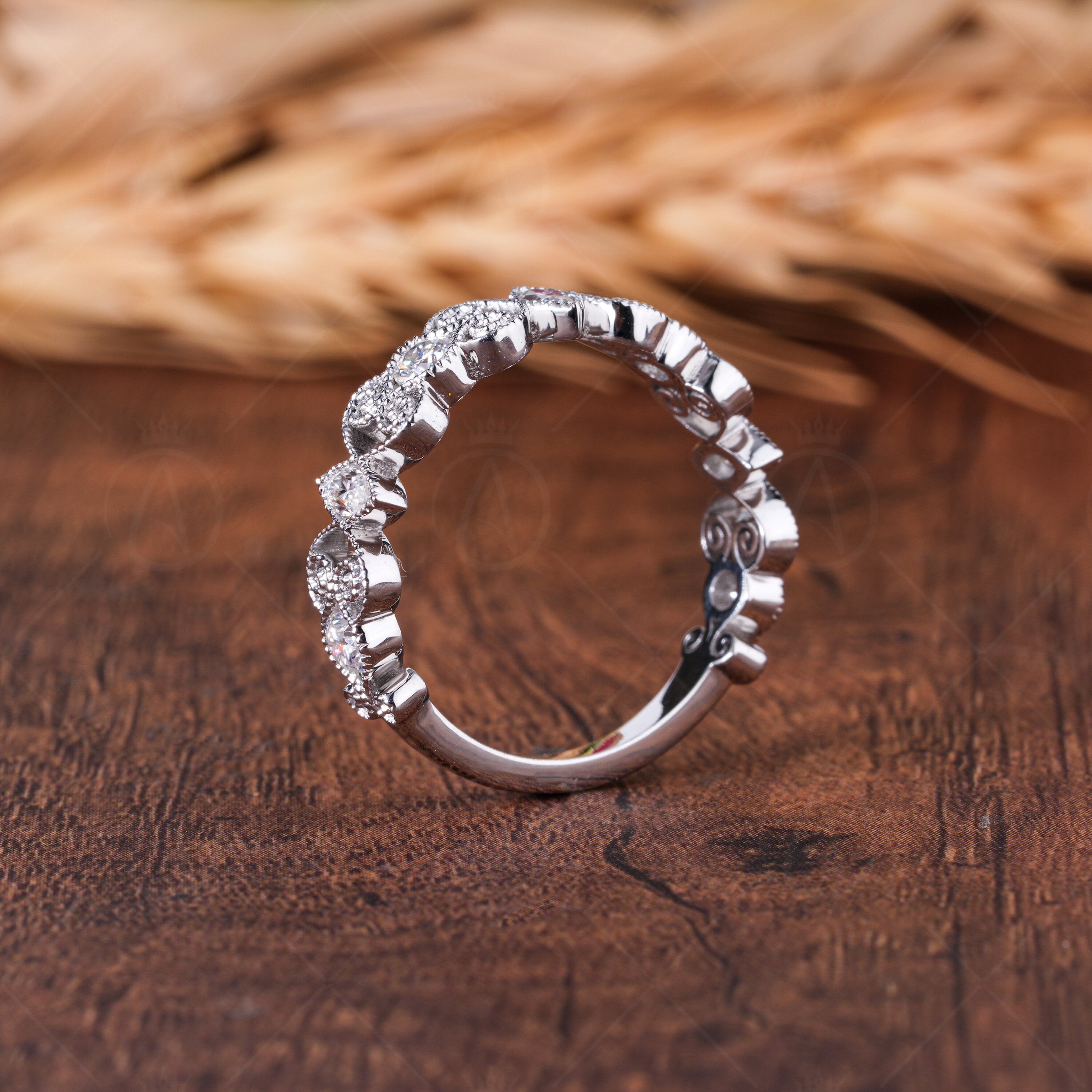 Filigree Wedding Band For Women Milgrain Vintage Anniversary Ring Unique Art Deco White Gold Ring Moissanite Wide Promise Band