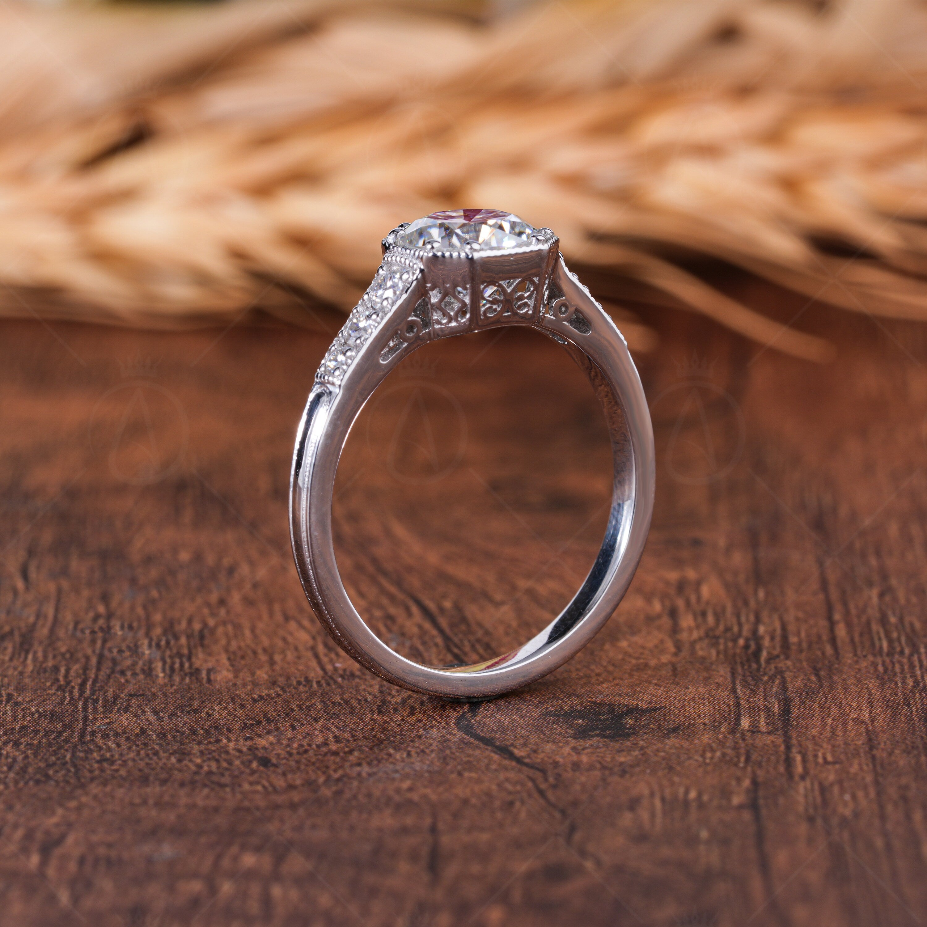 Cushion Cut Moissanite Art Deco Engagement Ring