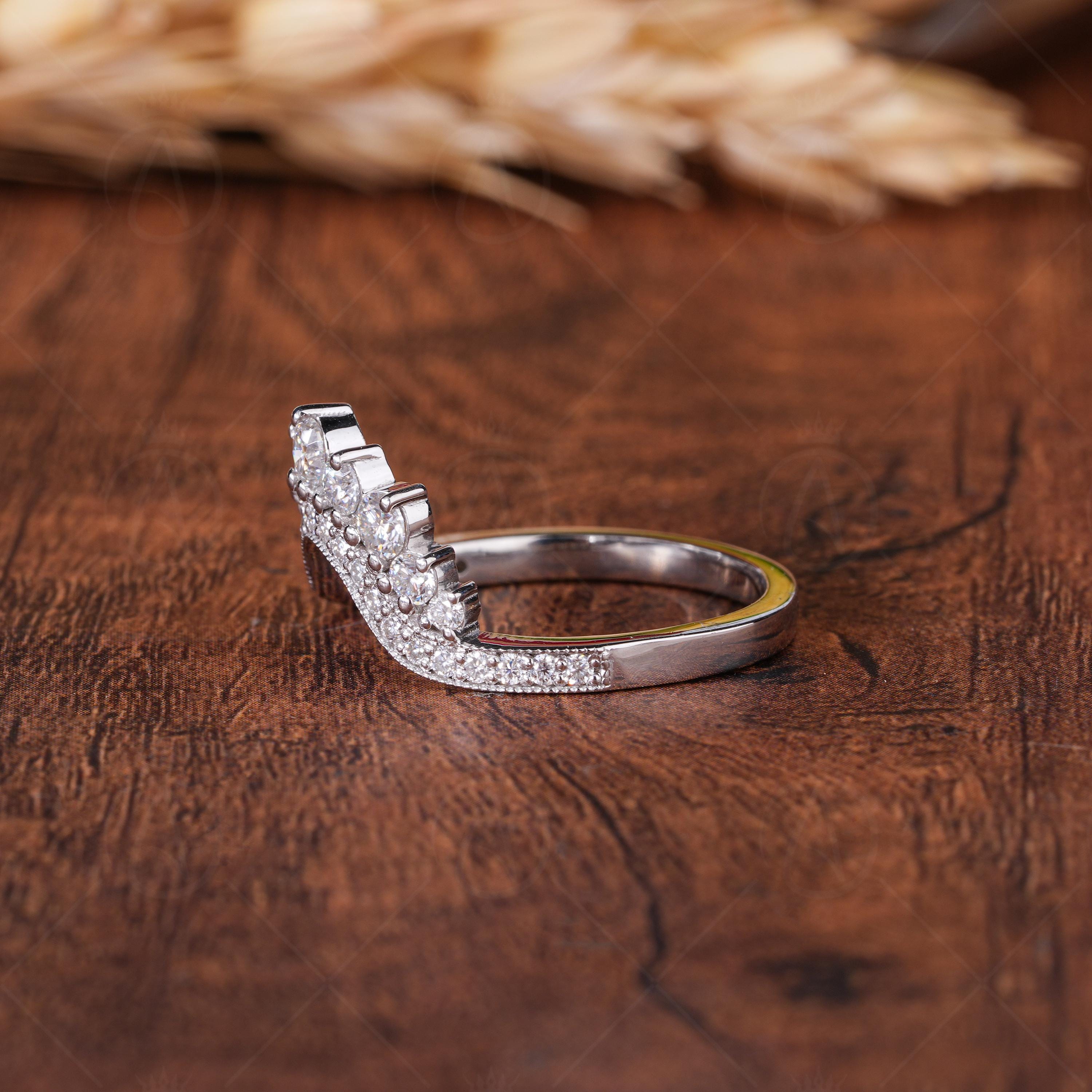 Moissanite Contour Wedding Bands Women, Art Deco Curved Matching Band For Bridal Ring, Unique Nesting Stackable Rings