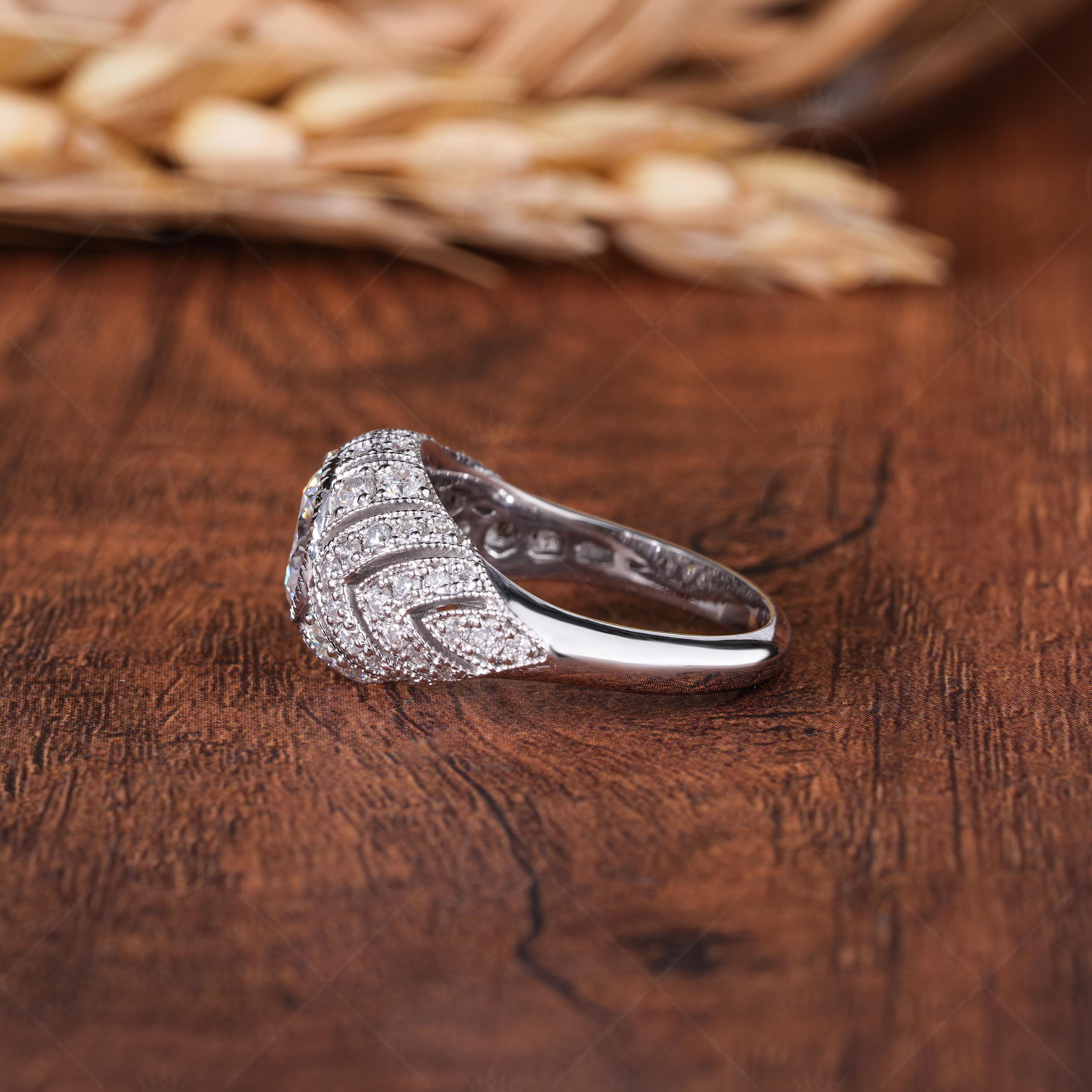 Edwardian Style Dome Statement Ring, Antique Moissanite Vintage Engagement Ring, Art Deco Milgrain Ring For Women, Unique Promise Ring