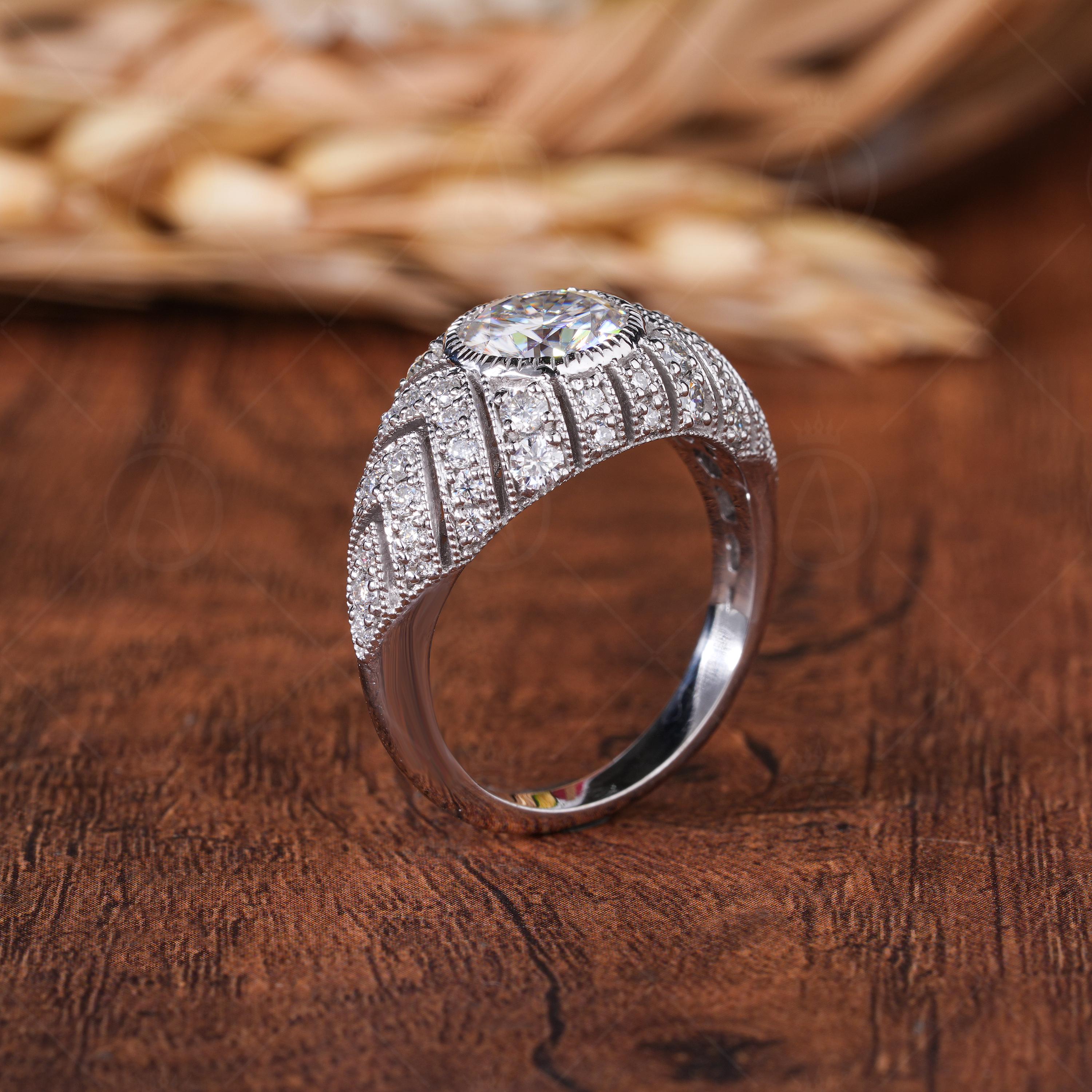 Edwardian Style Dome Statement Ring, Antique Moissanite Vintage Engagement Ring, Art Deco Milgrain Ring For Women, Unique Promise Ring