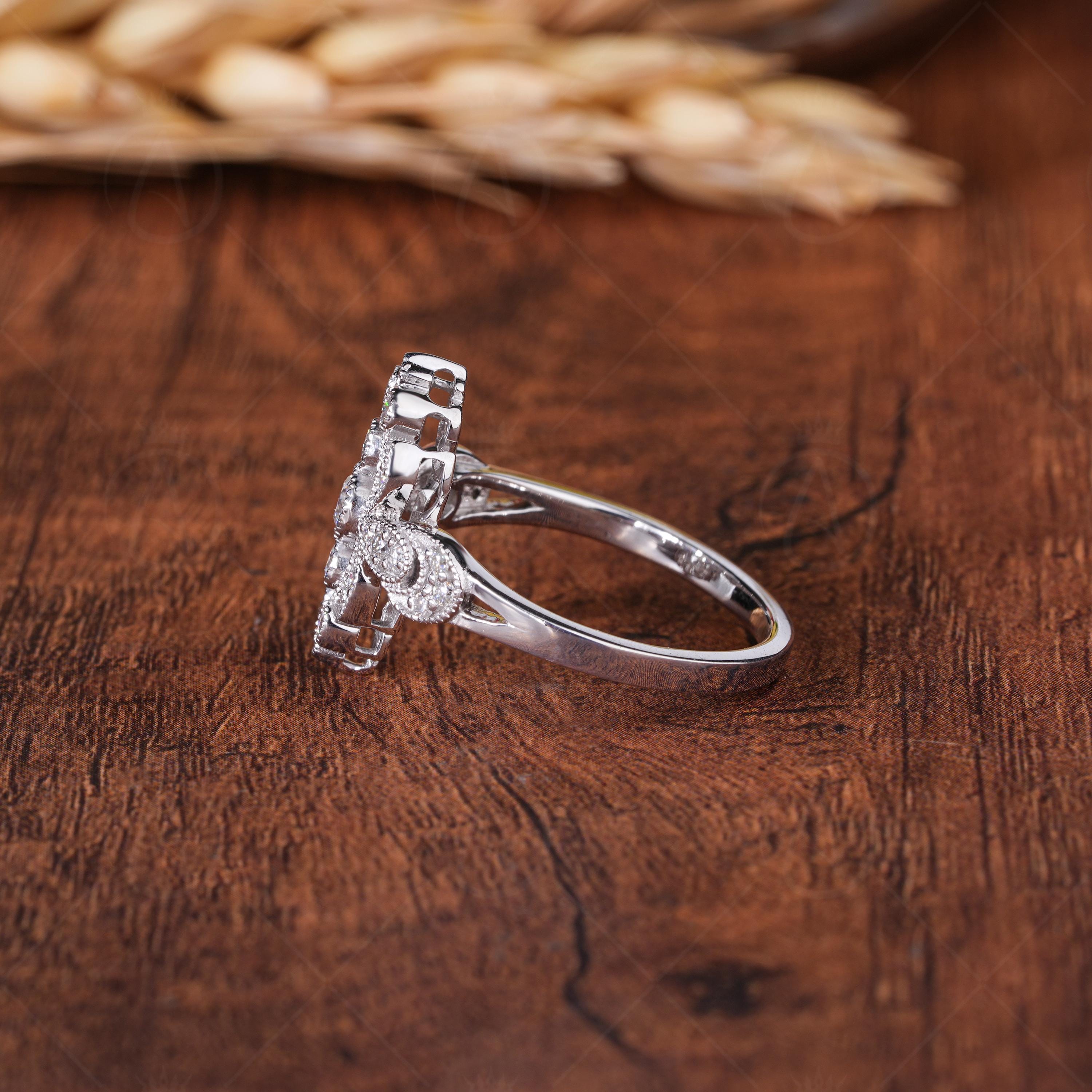 Vintage Filigree Ring For Women, Unique Art Deco Milgrain Engagement Ring, Antique Edwardian Style Statement Ring, Moissanite Ring