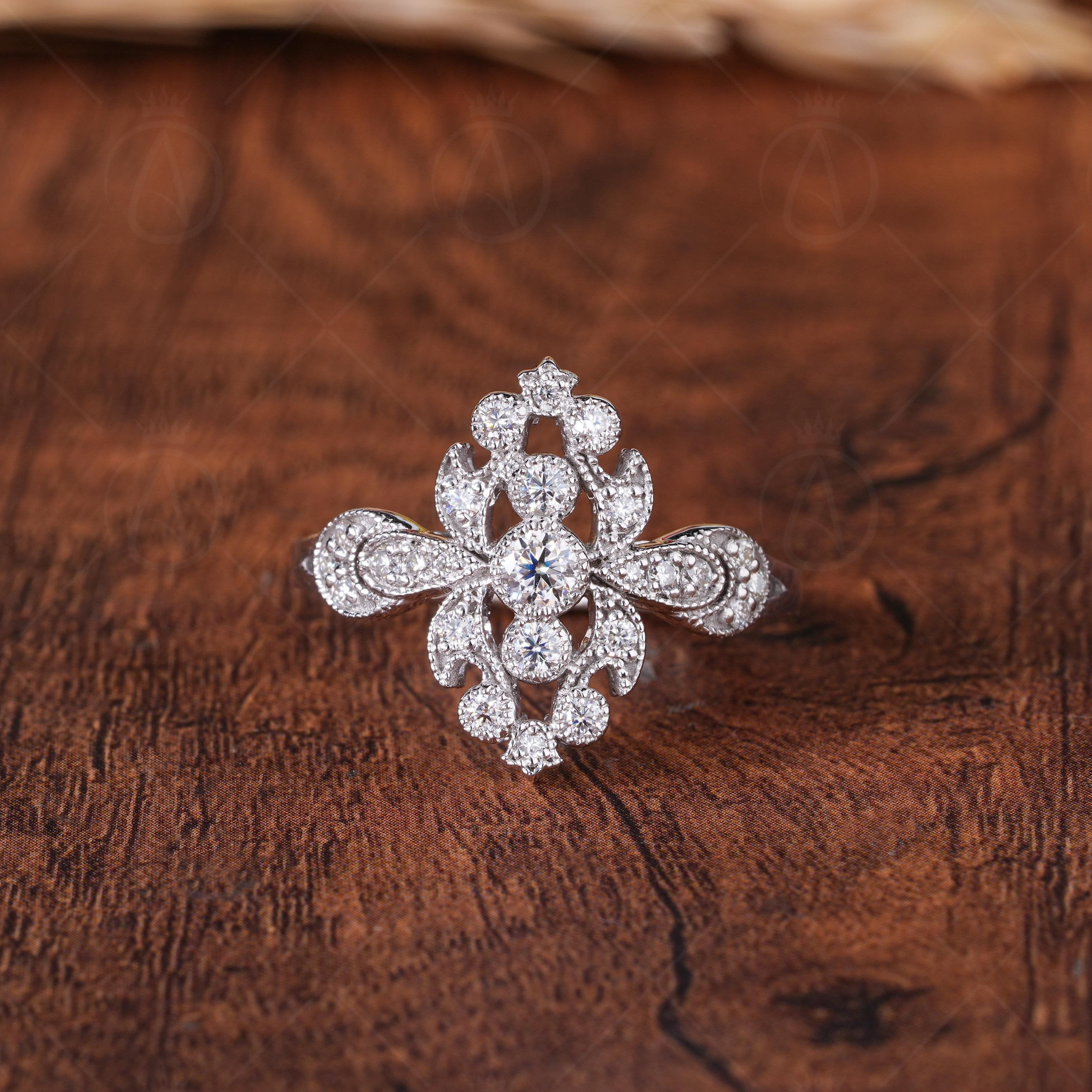 Vintage Filigree Ring For Women, Unique Art Deco Milgrain Engagement Ring, Antique Edwardian Style Statement Ring, Moissanite Ring