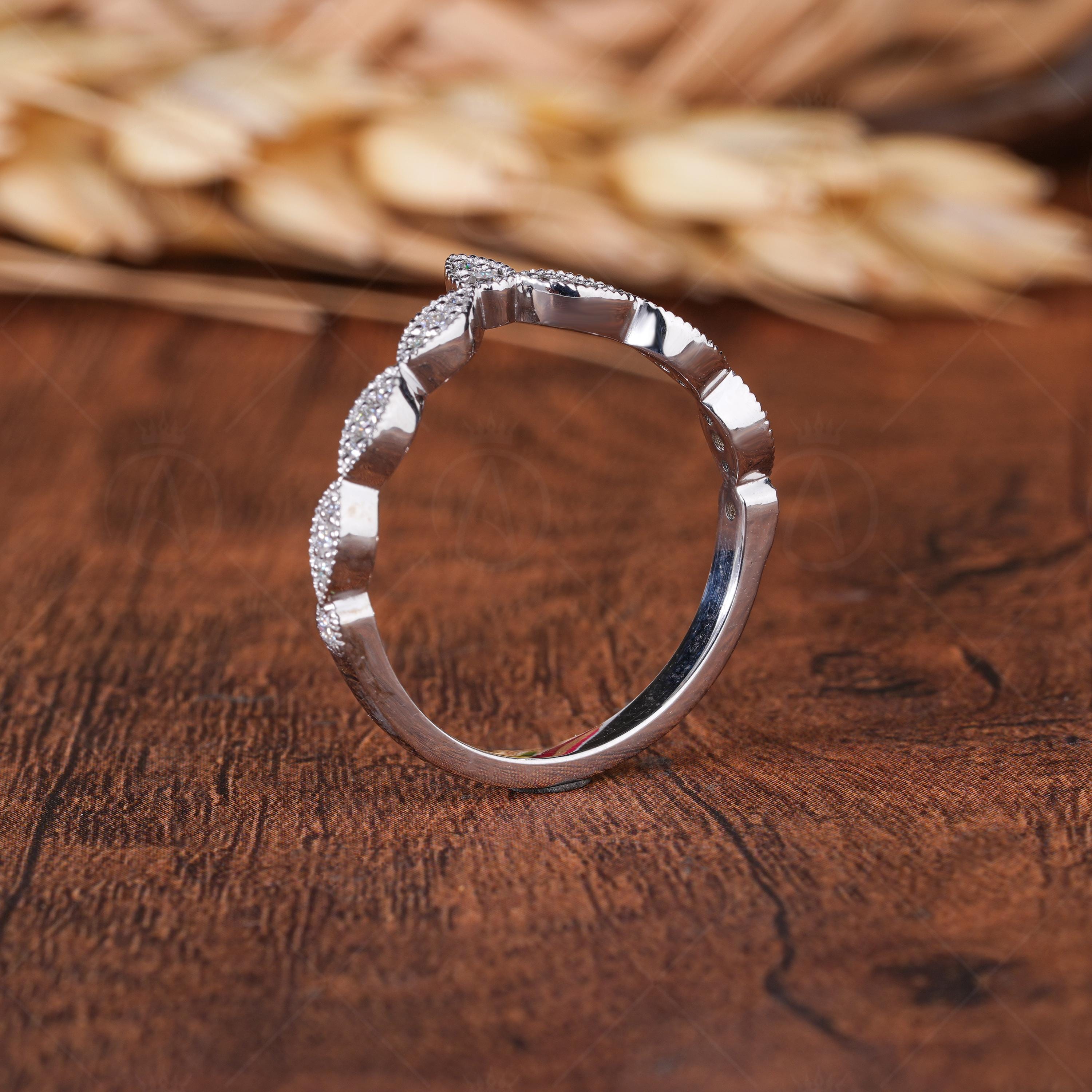 Milgrain Vintage Wedding Band, Moissanite Curved Stacking Band For Womens Ring, Art Deco Matching Band Ring, Bridal Stackable Rings