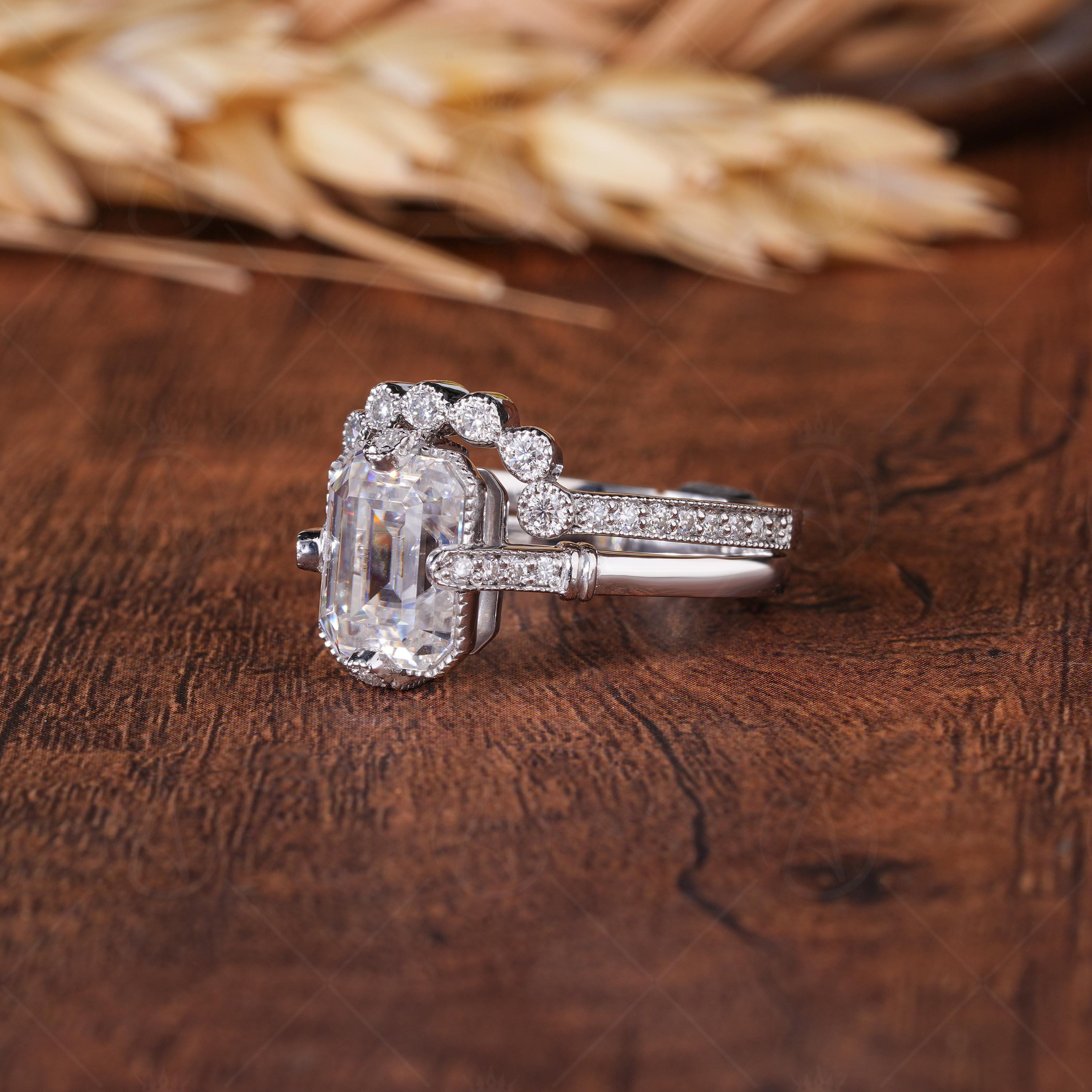 Art Deco Emerald Cut Engagement Ring, Moissanite Vintage Bridal Wedding Ring Set, Unique Vintage Milgrain Rings For Women