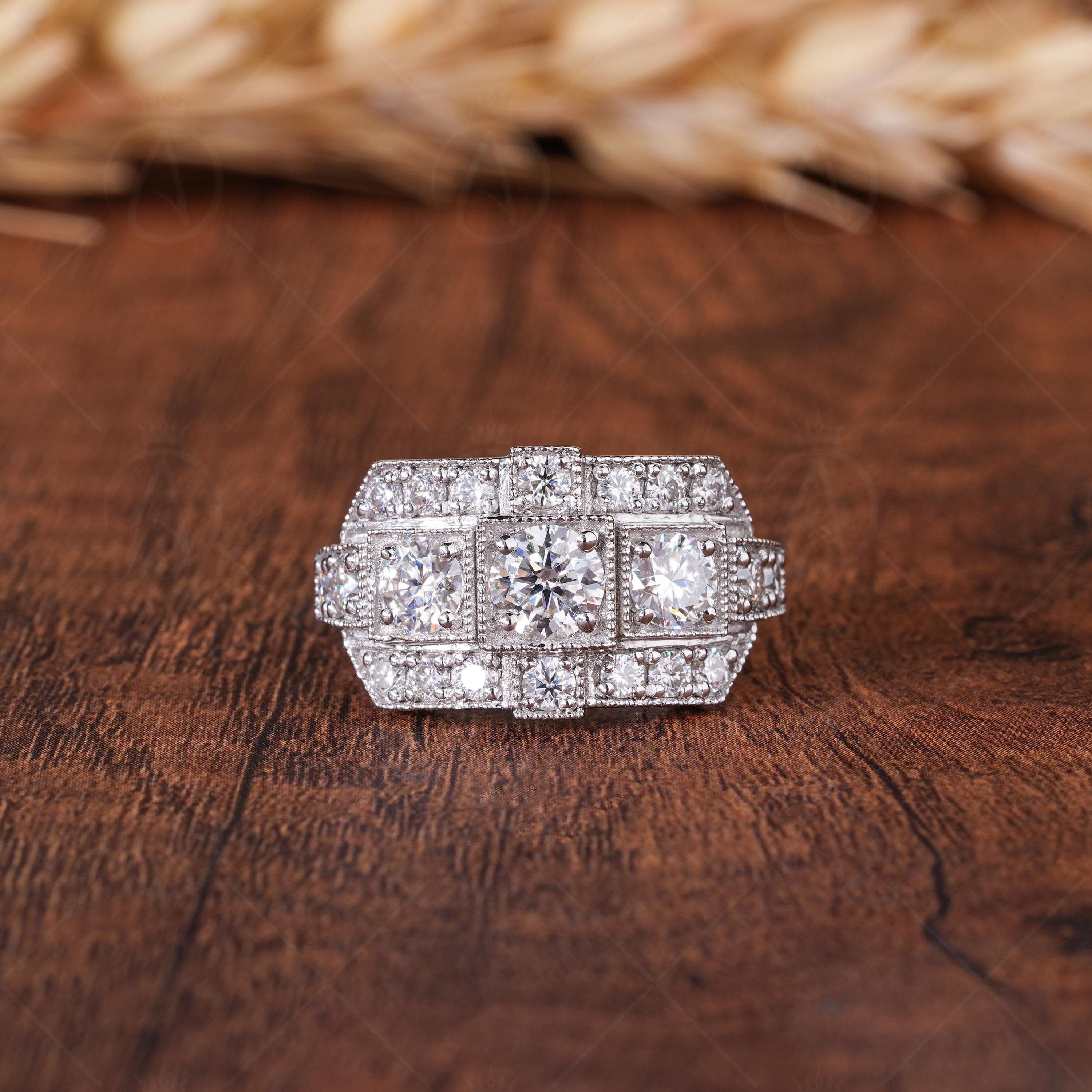 Edwardian Style Moissanite Engagement Ring, Antique Vintage Milgrain Ring For Women, 3 Stone Moissanite Art Deco Ring