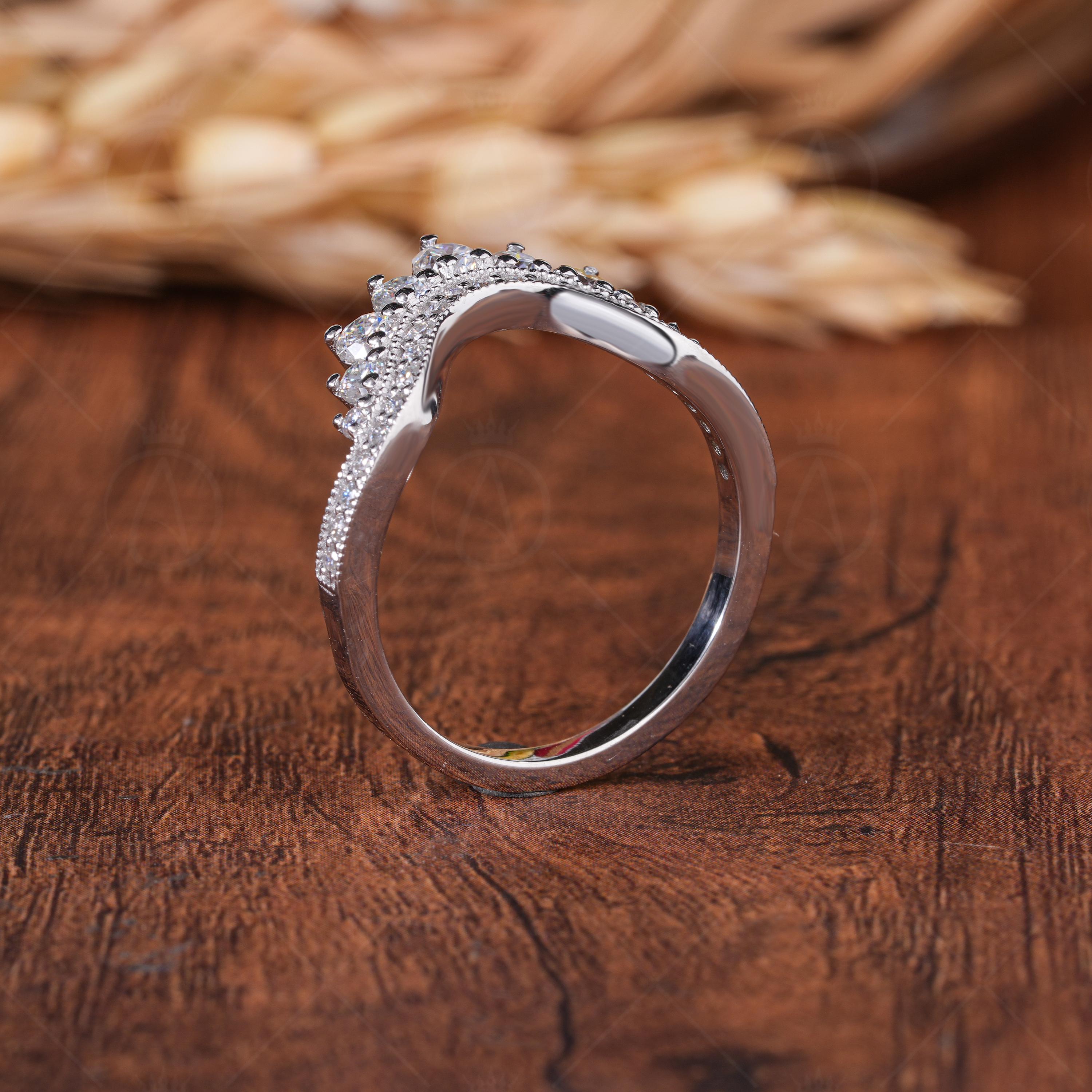 Moissanite Contour Wedding Bands Women, Art Deco Curved Matching Band For Bridal Ring, Unique Nesting Stackable Rings