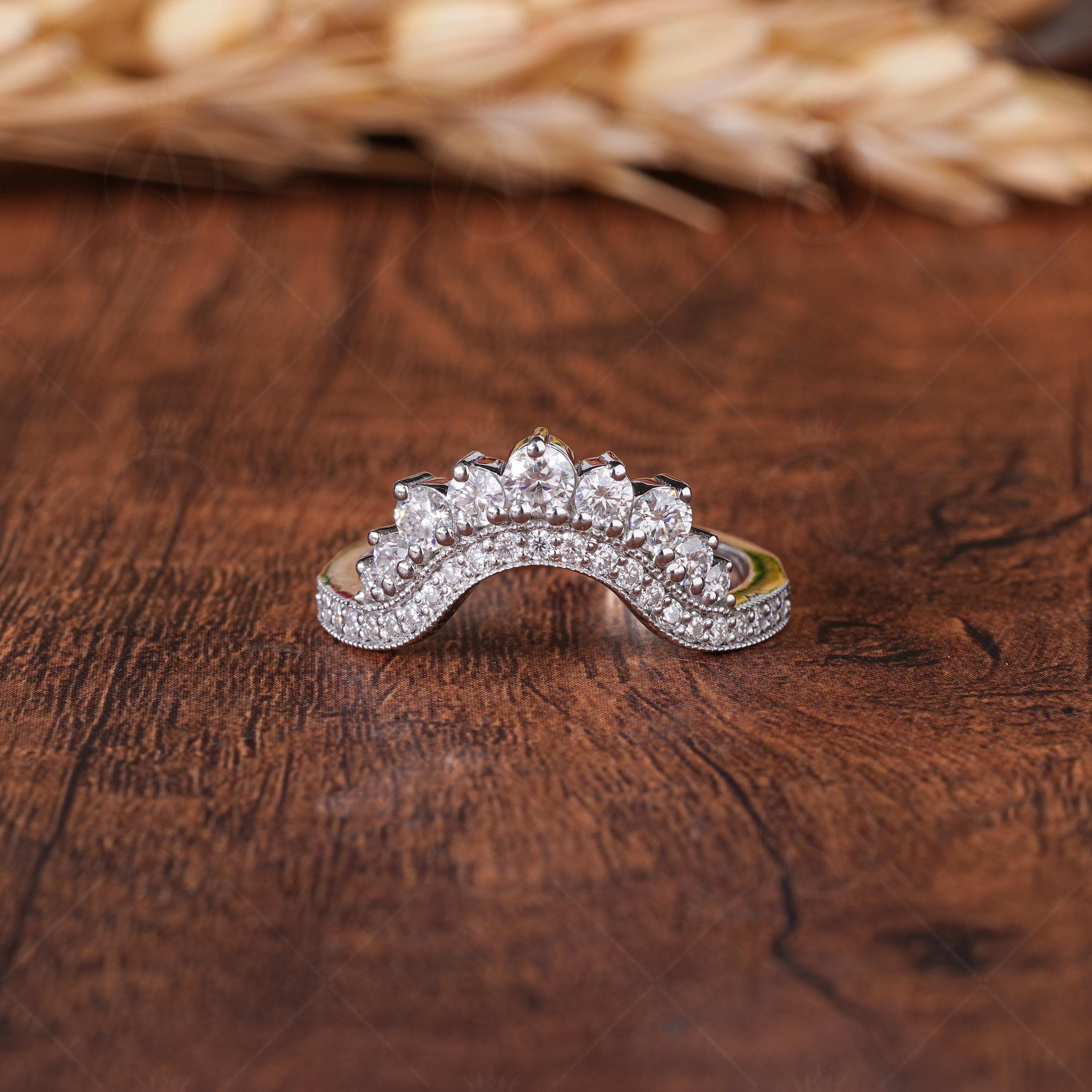 Moissanite Contour Wedding Bands Women, Art Deco Curved Matching Band For Bridal Ring, Unique Nesting Stackable Rings