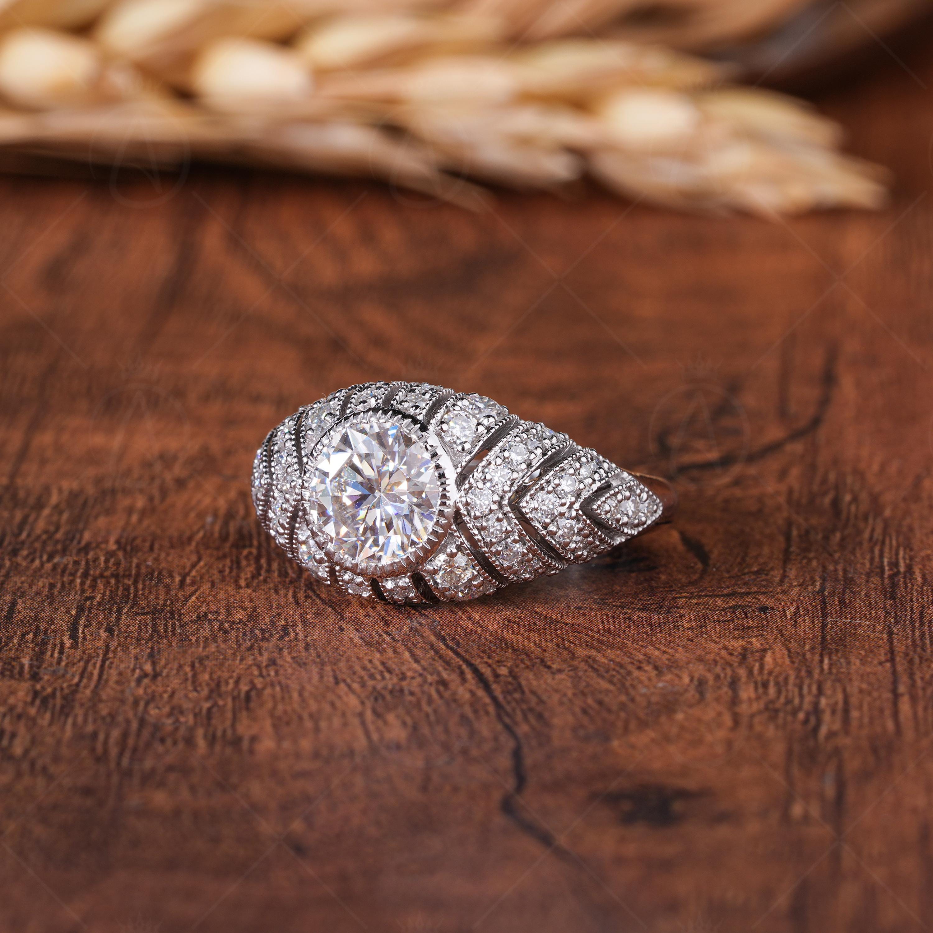 Edwardian Style Dome Statement Ring, Antique Moissanite Vintage Engagement Ring, Art Deco Milgrain Ring For Women, Unique Promise Ring