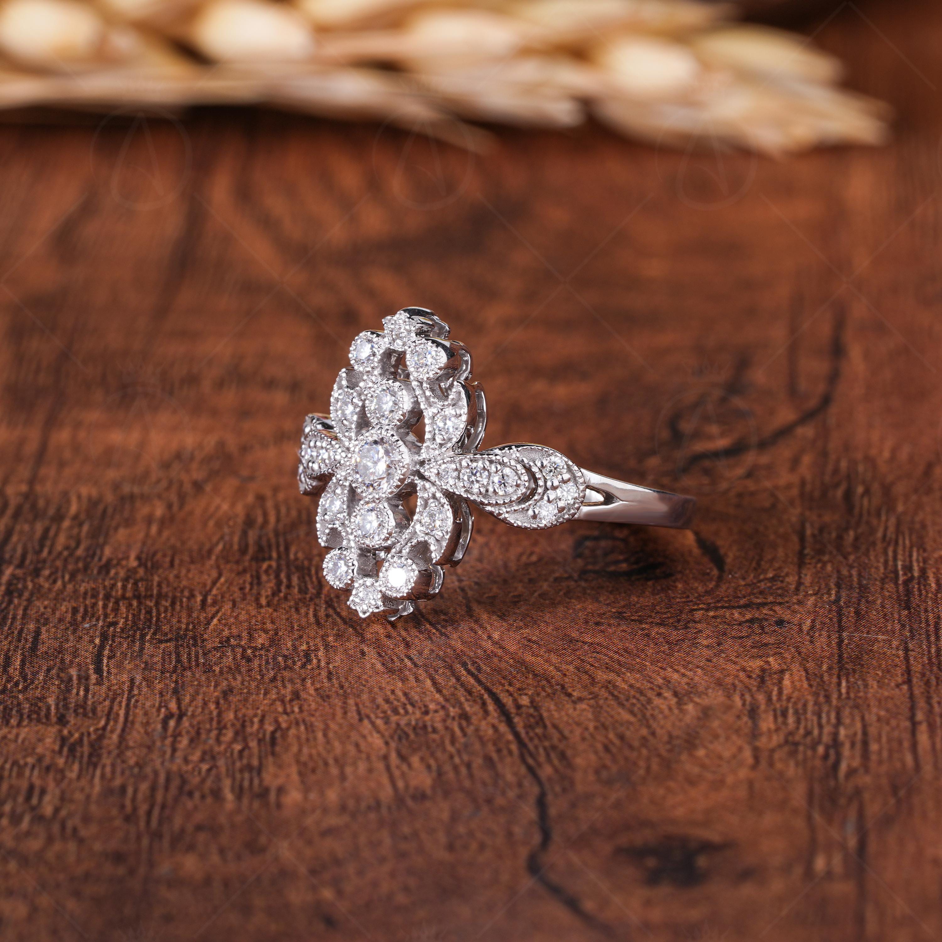 Vintage Filigree Ring For Women, Unique Art Deco Milgrain Engagement Ring, Antique Edwardian Style Statement Ring, Moissanite Ring