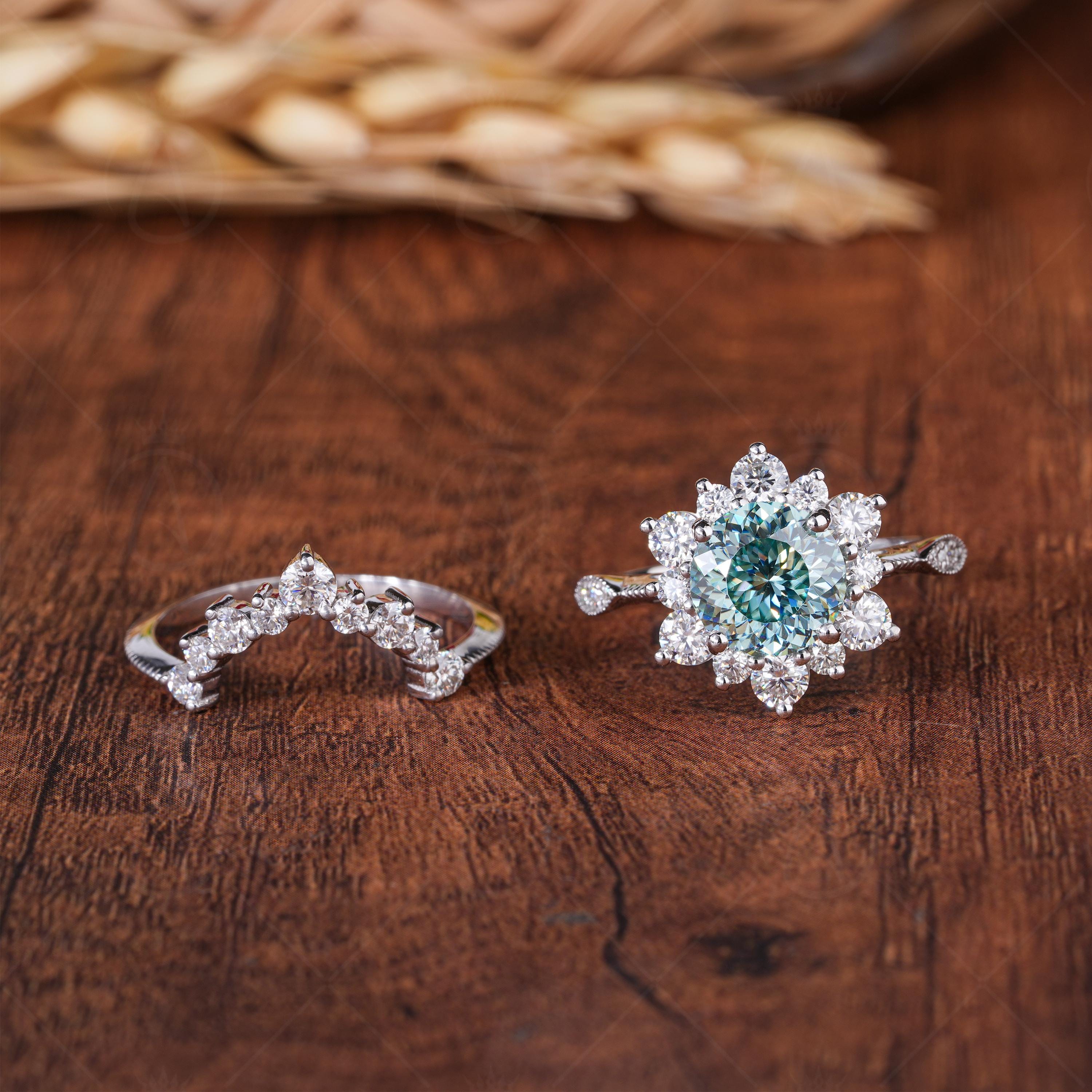 Art Deco Cyan Blue Portuguese Cut Moissanite Wedding Ring Set, Two Piece Bridal Sets For Women, Halo Engagement Ring With Matching Band