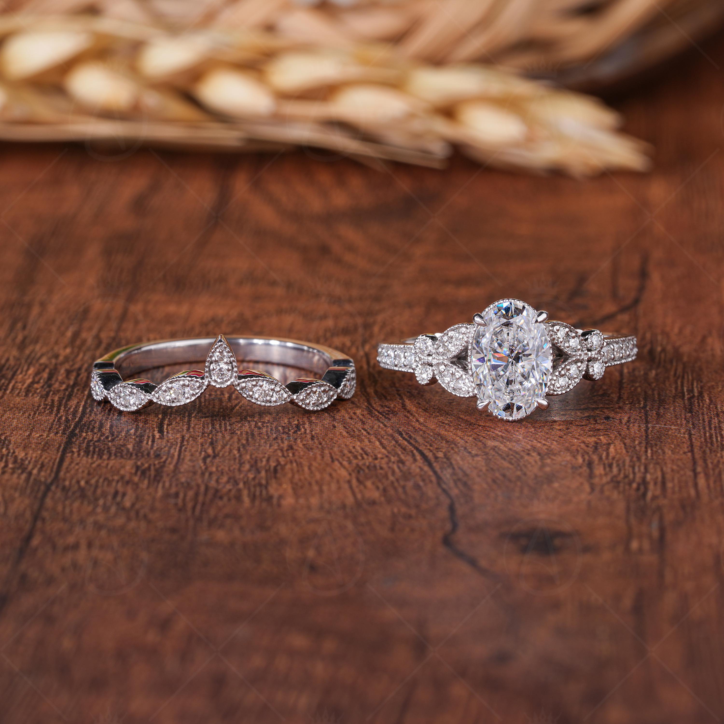 Art Deco Vintage Oval Wedding Bridal Ring Set, Oval Moissanite Vintage Engagement Ring, Vintage Milgrain Ring Sets, Matching Curved Band