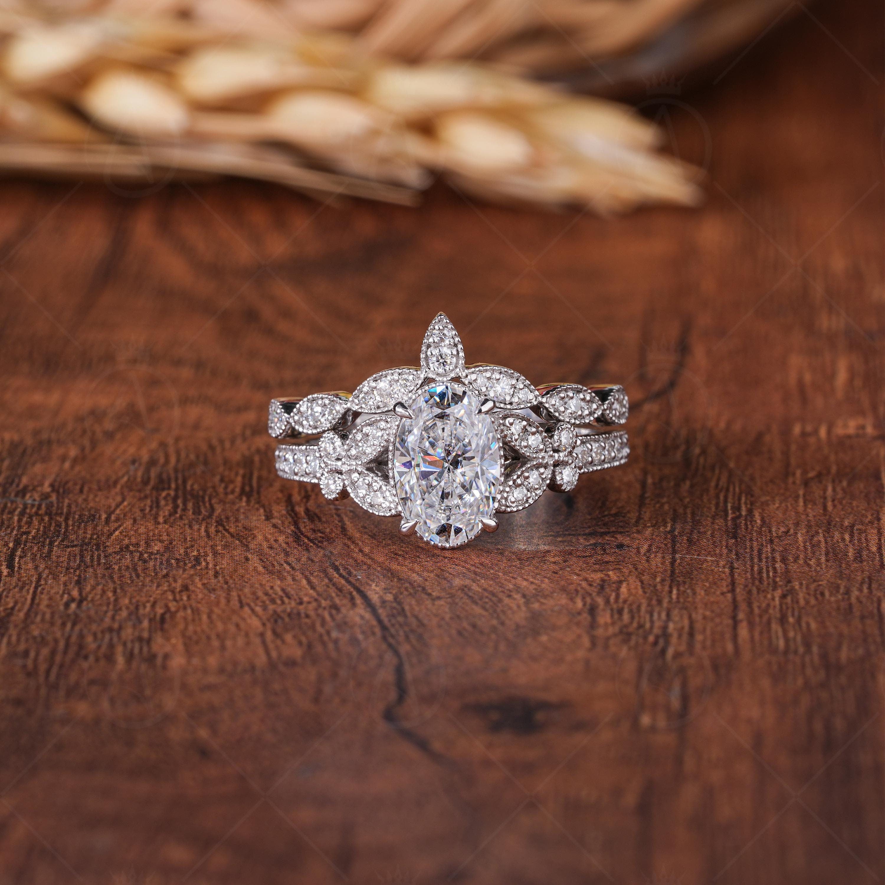 Art Deco Vintage Oval Wedding Bridal Ring Set, Oval Moissanite Vintage Engagement Ring, Vintage Milgrain Ring Sets, Matching Curved Band